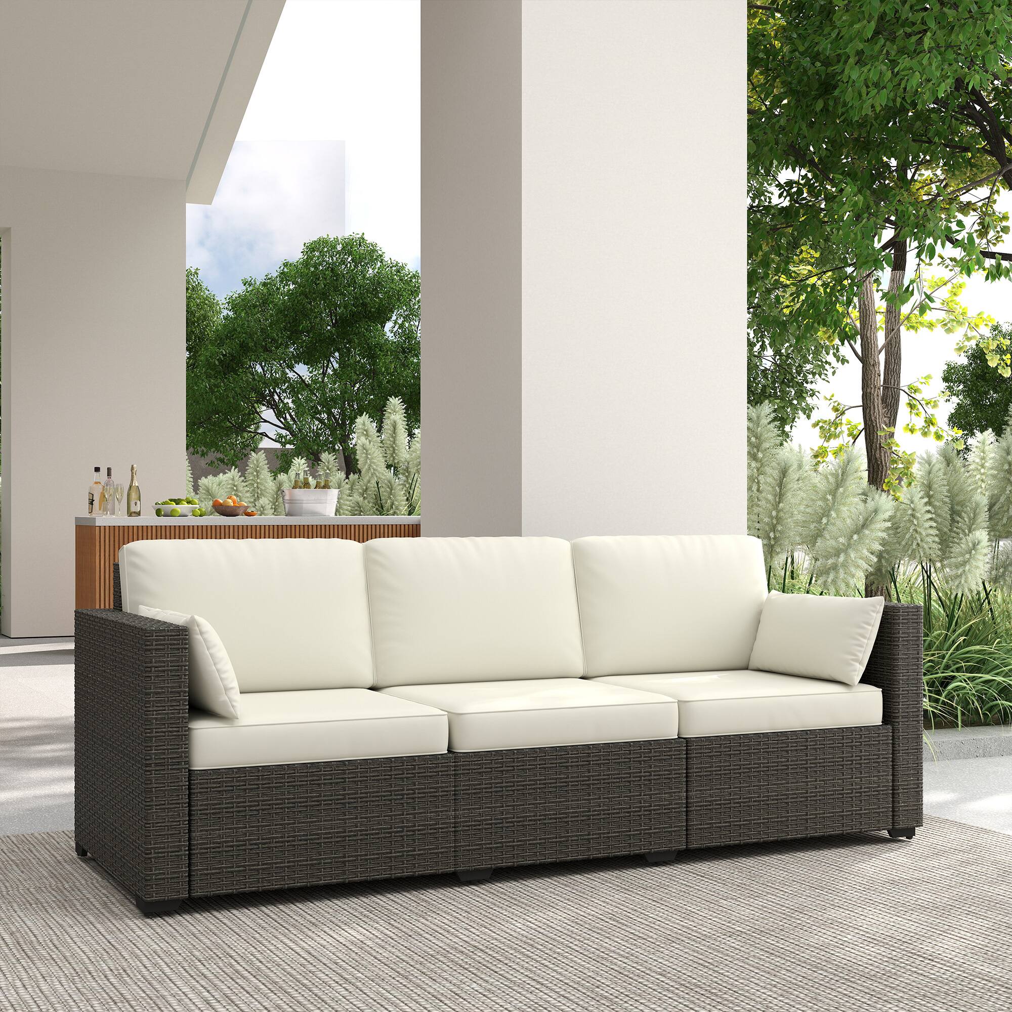 Alt View 7. Outsunny - Patio Couch PE Wicker Deep Seating Outdoor Sofa with Removable Cushions, 3 Seater Rattan Sofa, Outdoor Furniture - Cream White.