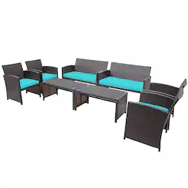 Costway - 8PCS Patio Rattan Furniture Set Cushioned Chair Sofa Table - Turquoise