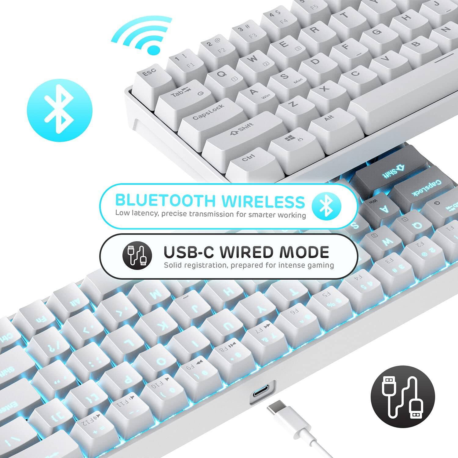 Sure, here is the corrected and grouped text from the image:

---

**Bluetooth Wireless**  
Low latency, precise transmission for smarter working

**USB-C Wired Mode**  
Solid registration, prepared for intense gaming

---

**Keyboard Layout:**

- ESC
- F1
- F2
- F3
- F4
- F5
- F6
- F7
- F8
- F9
- F10
- F11
- F12
- 1
- 2
- 3
- 4
- 5
- 6
- 7
- 8
- 9
- 0
- -
- =
- Backspace
- Tab
- Q
- W
- E
- R
- T
- Y
- U
- I
- O
- P
- [
- ]
- \
- Caps Lock
- A
- S
- D
- F
- G
- H
- J
- K
- L
- ;
- '
- Enter
- Shift
- Z
- X
- C
- V
- B
- N
- M
- ,
- .
