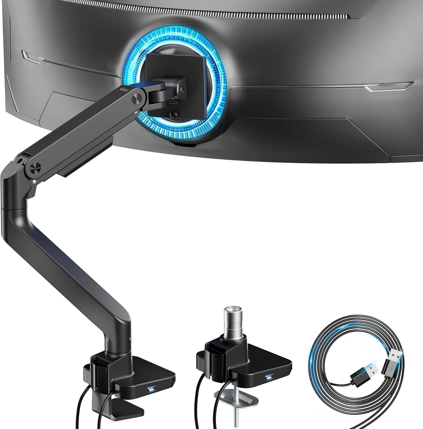 FINEAK - Ultrawide Monitor Arm with USB A/C, for 17 to 49 inch, Holds 44 lbs - Black