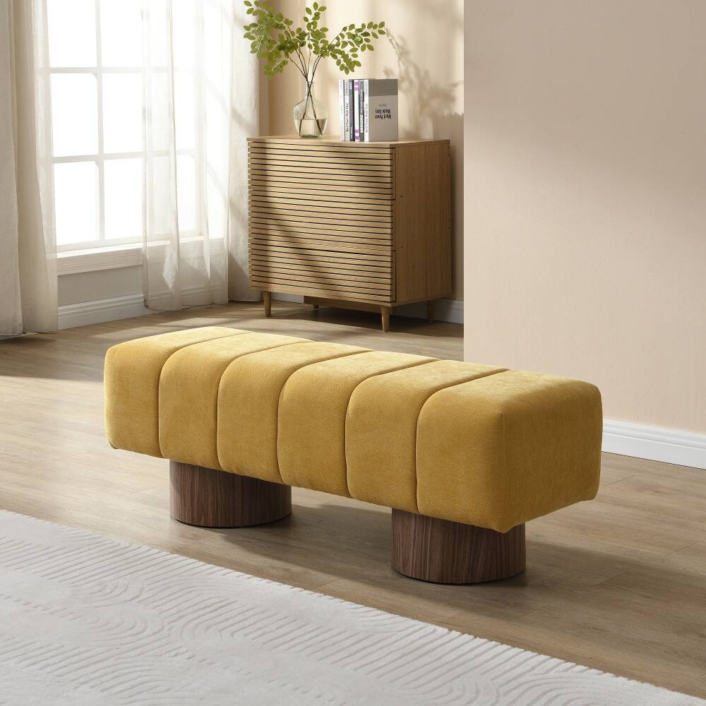 Front. PDTEND - Upholstered Yellow Dining Bench with Chenille Fabric and Wooden Legs for Dining and Living Room - Yellow.