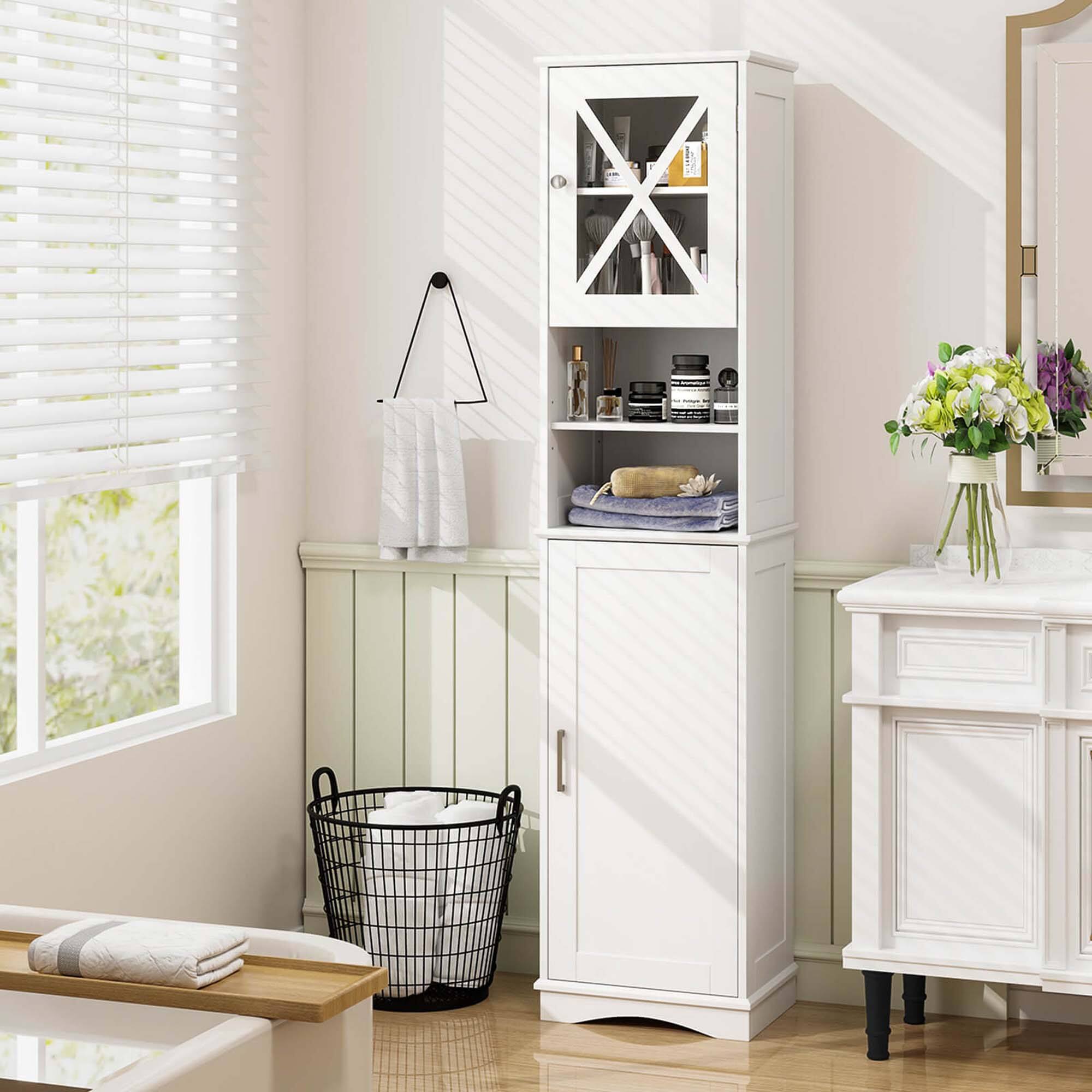 Left. Costway - Costway 67" Tall Bathroom Cabinet Freestanding Storage Cabinet with 5 Adjustable Shelves White - White.