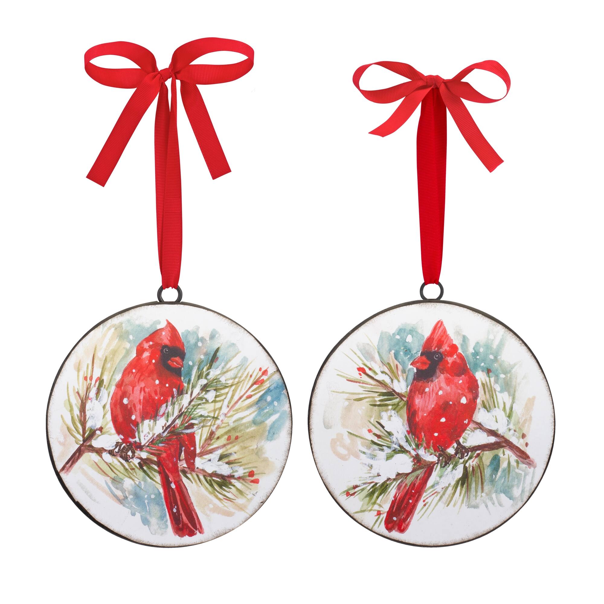 Angle. BreeBe - Winter Cardinal and Pine Branch Disc Ornament (Set of 12) - Red, White.