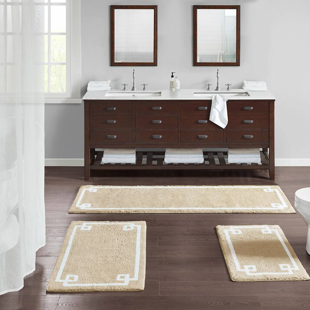 Left. APRILSOUL - 100 Cotton Oeko Tex Bath Rug Cloud Soft White Border Hotel Style - taupe.