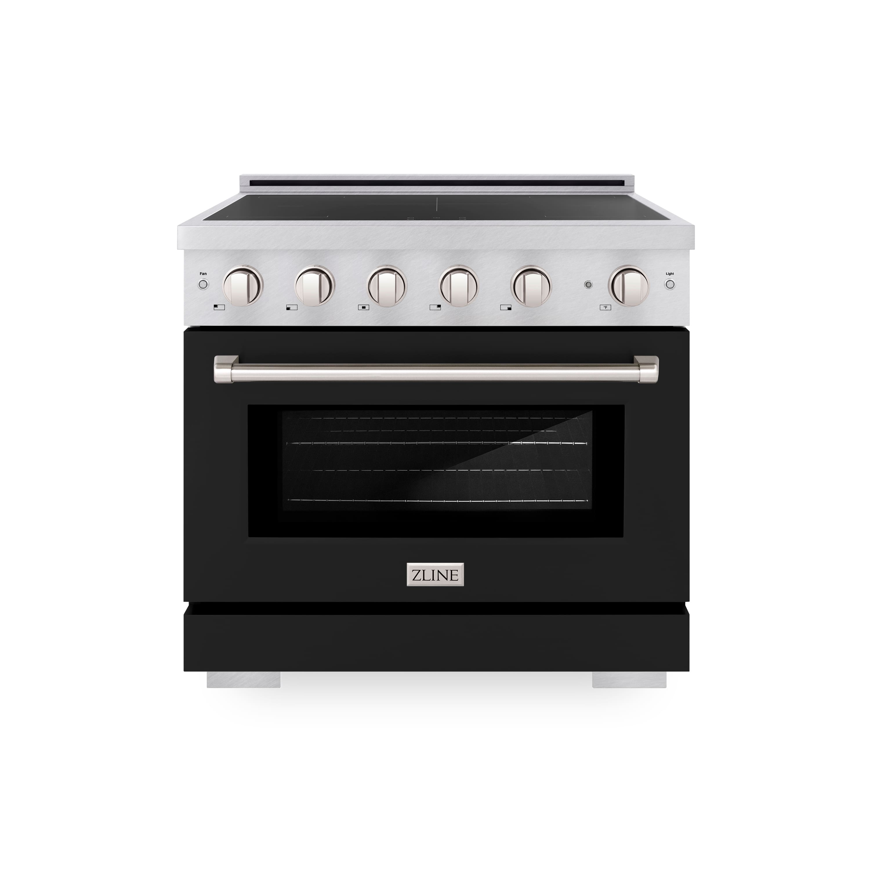 Front. ZLINE - 36 in. Wide 5 Elements 5.2 Cu.Ft. Paramount Freestanding Induction Range with Electric Oven in Satin Steel w/ Black Door - Matte Black.