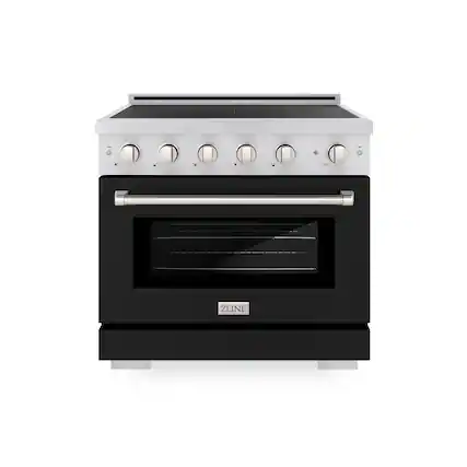 Front. ZLINE - 36 in. 5.2 cu. ft. Paramount Freestanding Induction Range with 5 Burners and Electric Oven in Satin Steel w/ Black Door - Matte Black.