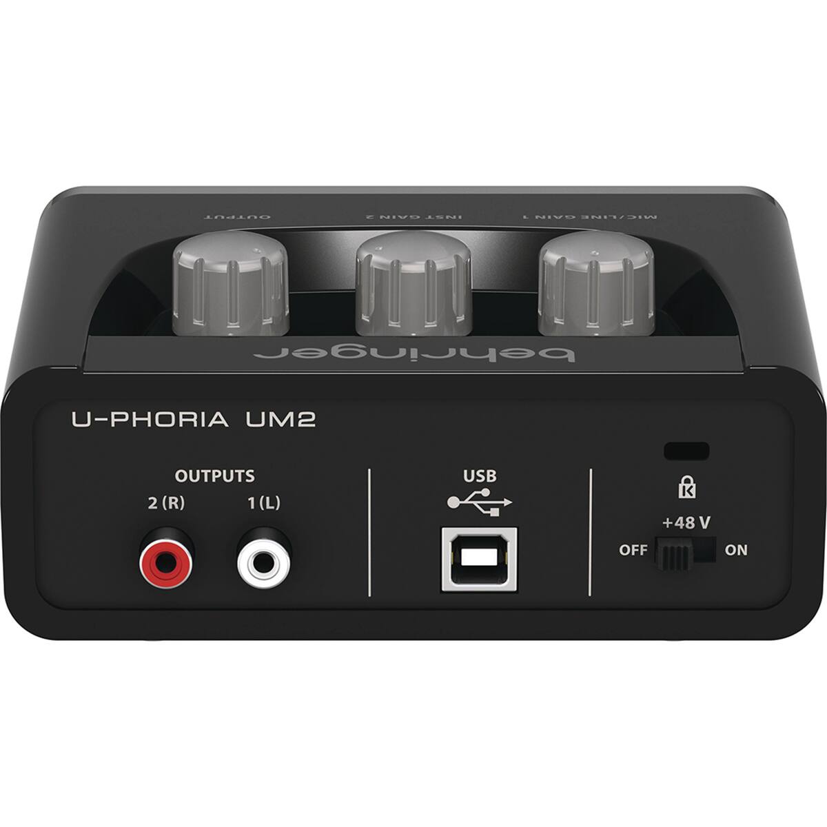2 GAIN INST  
L GAIN MIC/LINE  
behringer  
U-PHORIA UM2  
OUTPUTS 2 (R) 1(L)  
USB  
+48 V  
OFF  
ON
