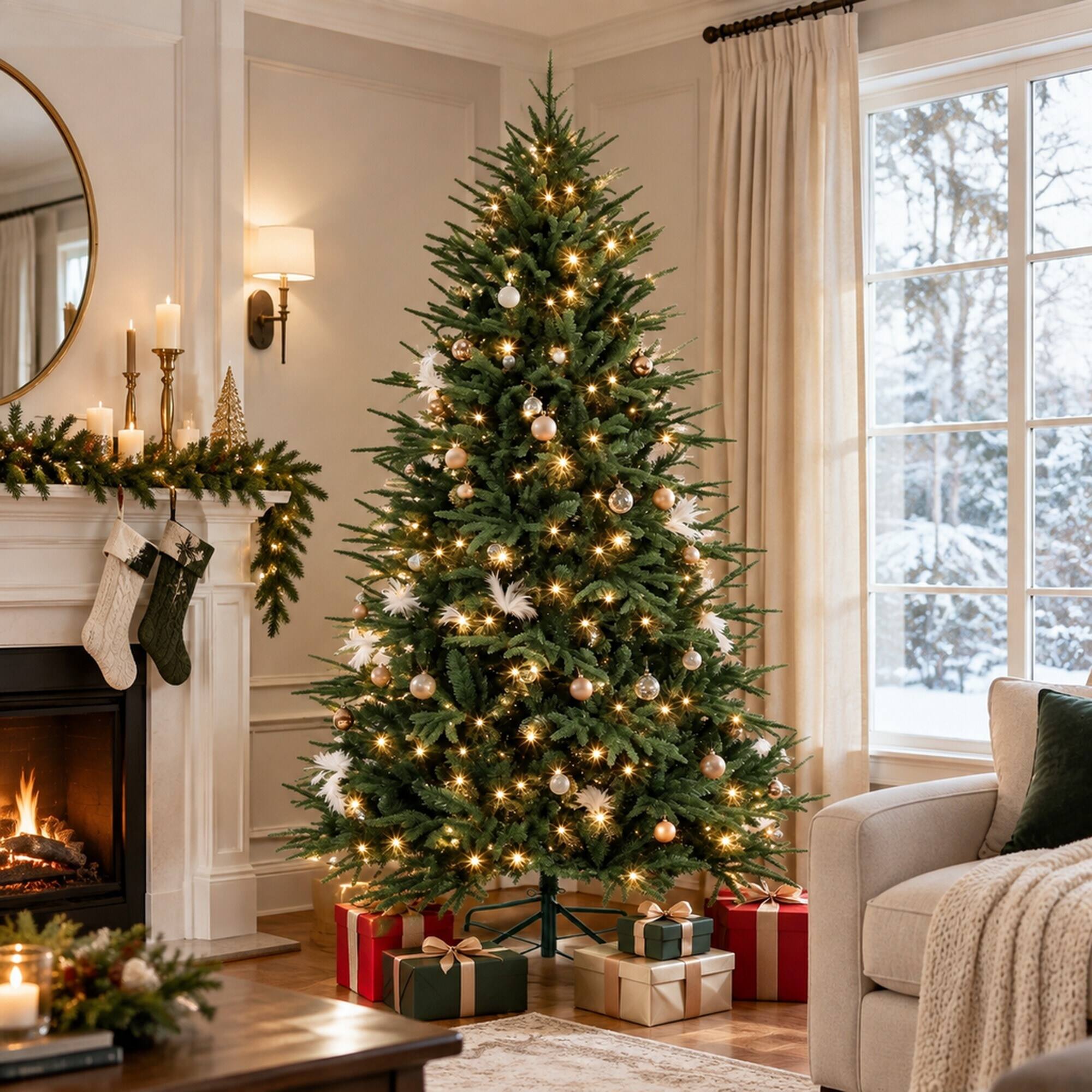 Left. RYHNUYNE - Pre-Lit Artificial Christmas Tree With Quick Assembly and Lush Realistic Branches - Green.