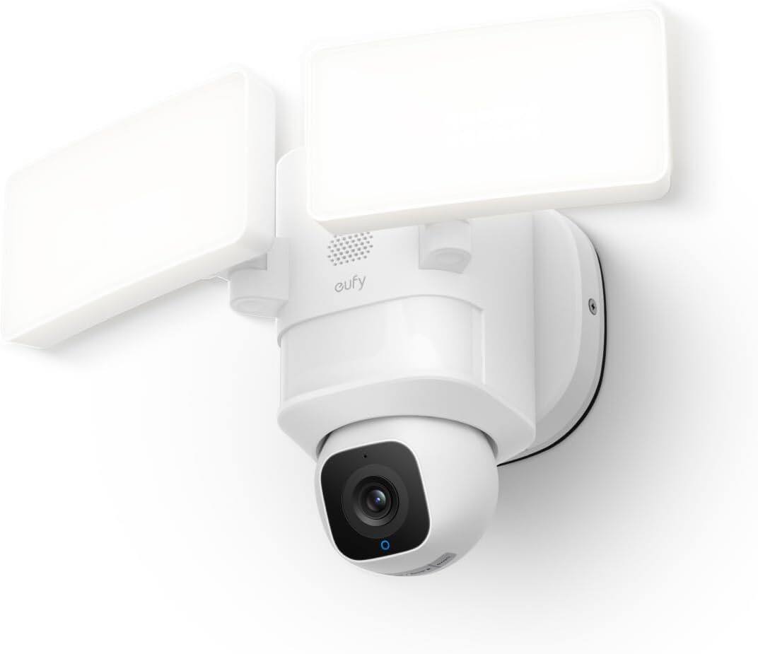 Left. eufy - Floodlight Cam E30 with Hombase S380, No Subscription,2K Security Camera Outdoor, 360 PTZ, 24/7, Built-in Siren.