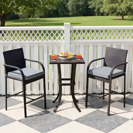 Front. Kadyn - 3-Piece Patio Wicker Rattan Bar Height Chairs and Square Table Set-Black - Gray.