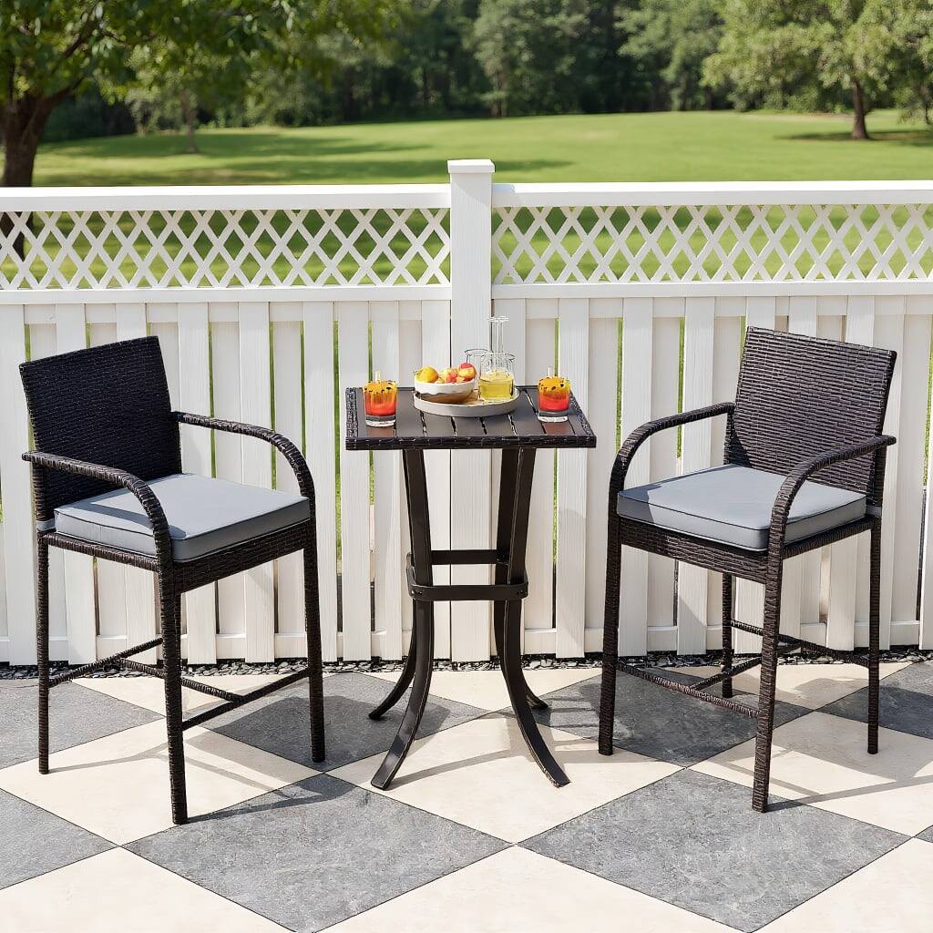 Front. Kadyn - 3-Piece Patio Wicker Rattan Bar Height Chairs and Square Table Set-Black - Gray.