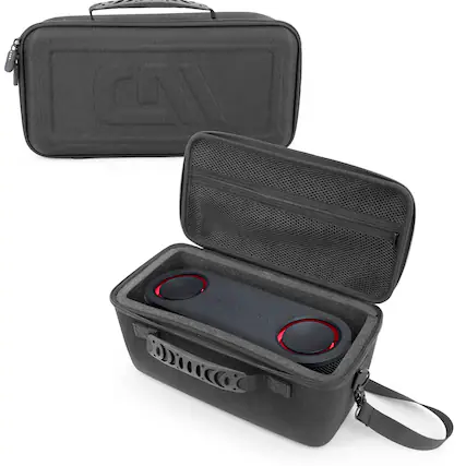 Front. CASEMATIX - Hard Shell Carry Case for LG XBOOM Bounce by will.i.am Speaker, Custom Foam Fit with Strap, Handle & Accessory Storage.