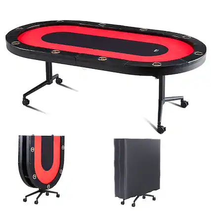 Front. VEVOR - 10 Player Foldable Poker Table, Blackjack Texas Holdem Poker Table with Padded Rails and Cup Holders,90" Oval Table - Red.