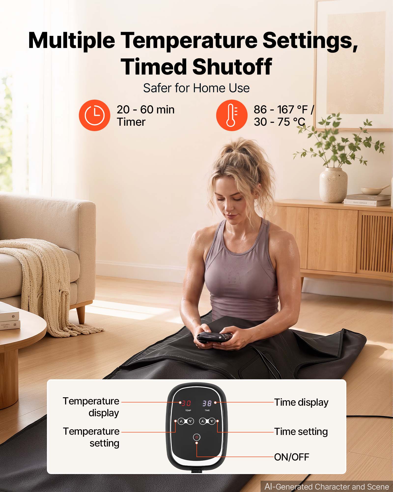 Multiple Temperature Settings, Timed Shutoff  
Safer for Home Use  

20 - 60 min Timer  
86 - 167 °F / 30 - 75 °C  

Temperature display  
Temperature setting  
Time display  
Time setting  
ON/OFF  

AI-Generated Character and Scene