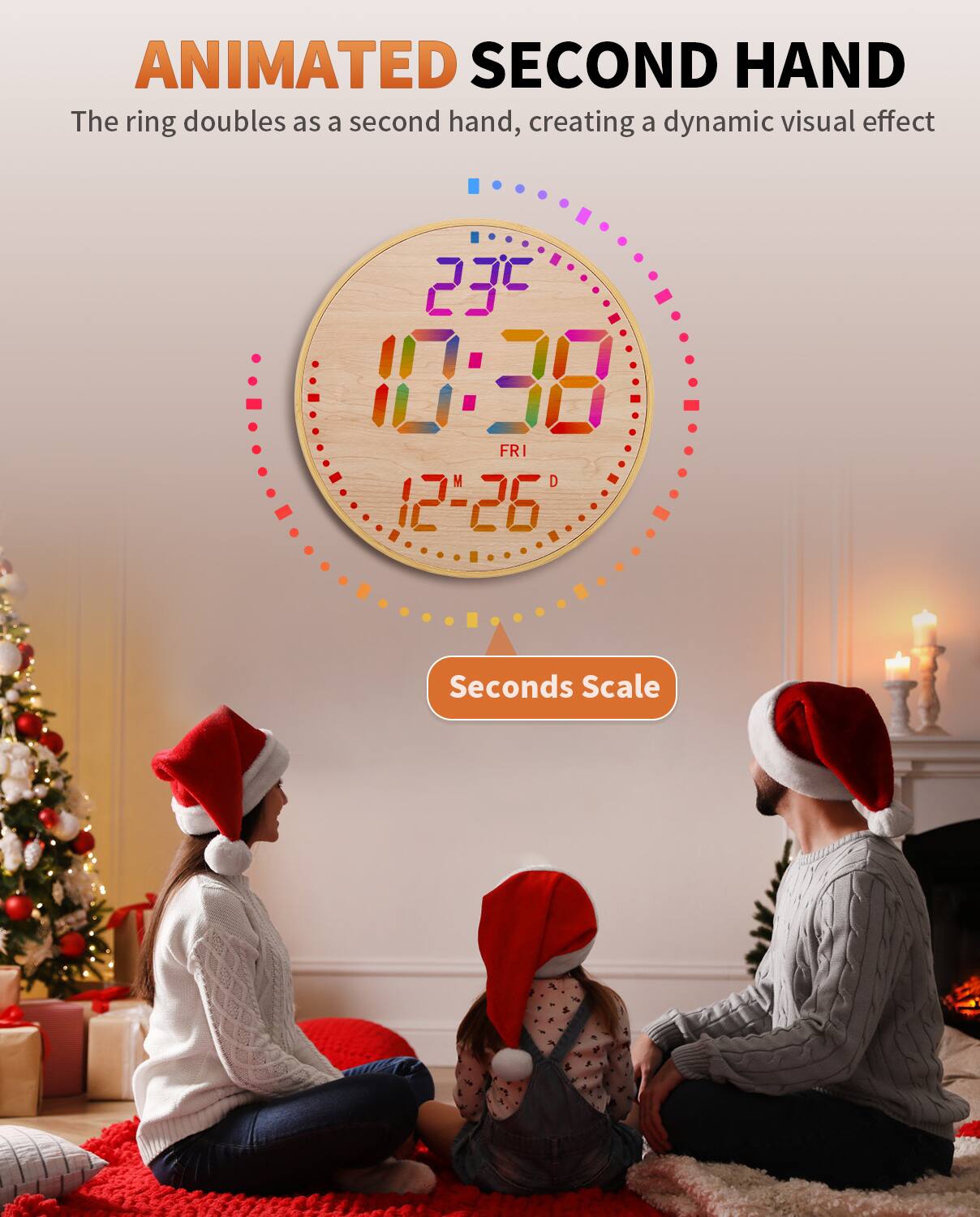 ANIMATED SECOND HAND  
The ring doubles as a second hand, creating a dynamic visual effect  

23°C  
10:38  
FRI  
12° 26°  

Seconds Scale