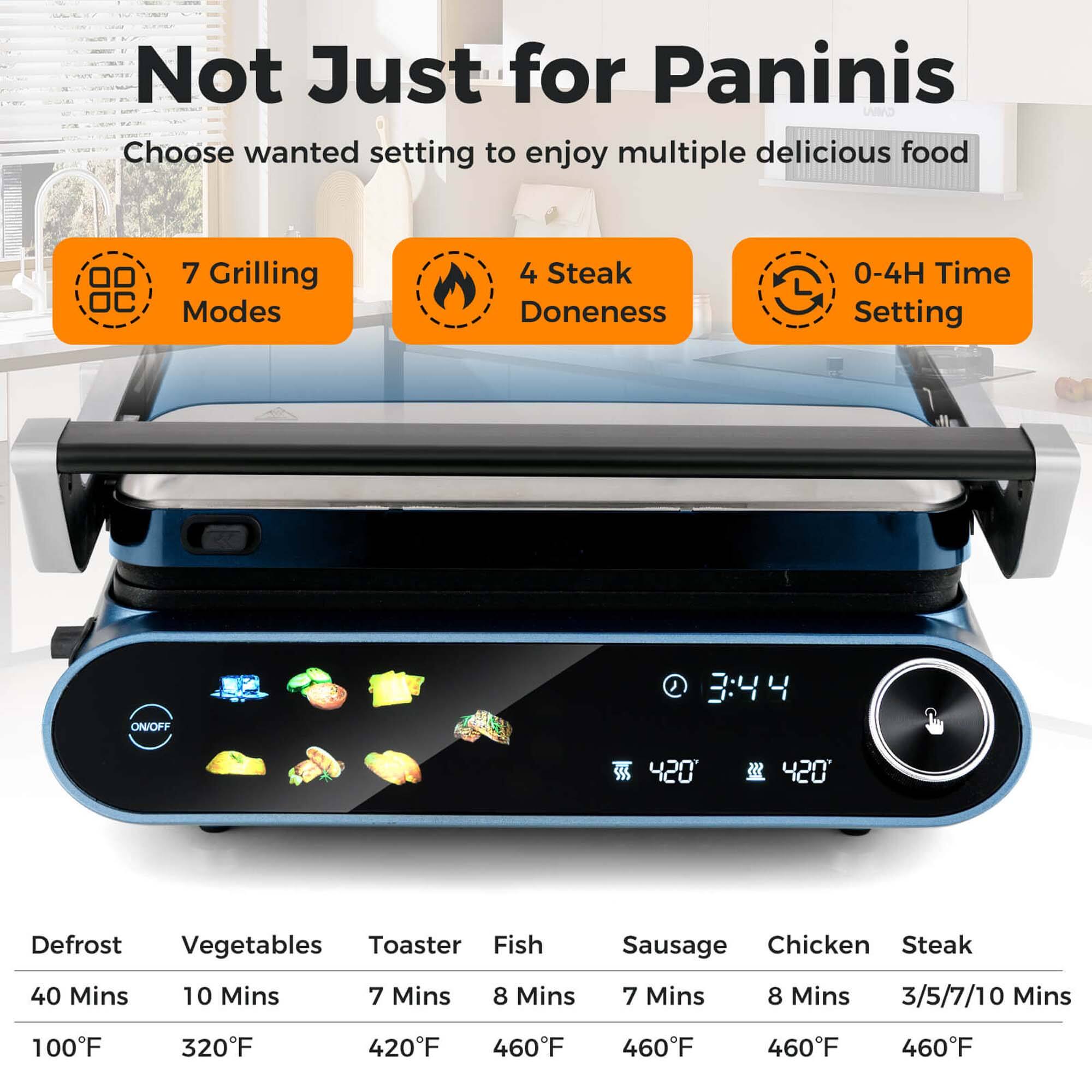 Not Just for Paninis

Choose wanted setting to enjoy multiple delicious food

- 7 Grilling Modes
- 4 Steak Doneness
- 0-4H Time Setting

Defrost: 40 Mins, 100°F  
Vegetables: 10 Mins, 320°F  
Toaster: 7 Mins, 420°F  
Fish: 8 Mins, 460°F  
Sausage: 7 Mins, 460°F  
Chicken: 8 Mins, 460°F  
Steak: 3/5/7/10 Mins, 460°F