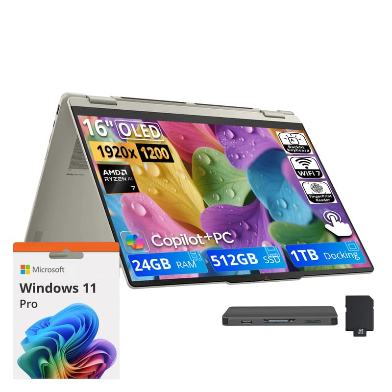 Lenovo - Upgraded - Yoga 7a 2-in-1 16" Touch Laptop,Ryzen AI 7 445,24GB RAM,512GB SSD+1TB Dock,Backlit,Fingerprint,Win11Pro - Seashell