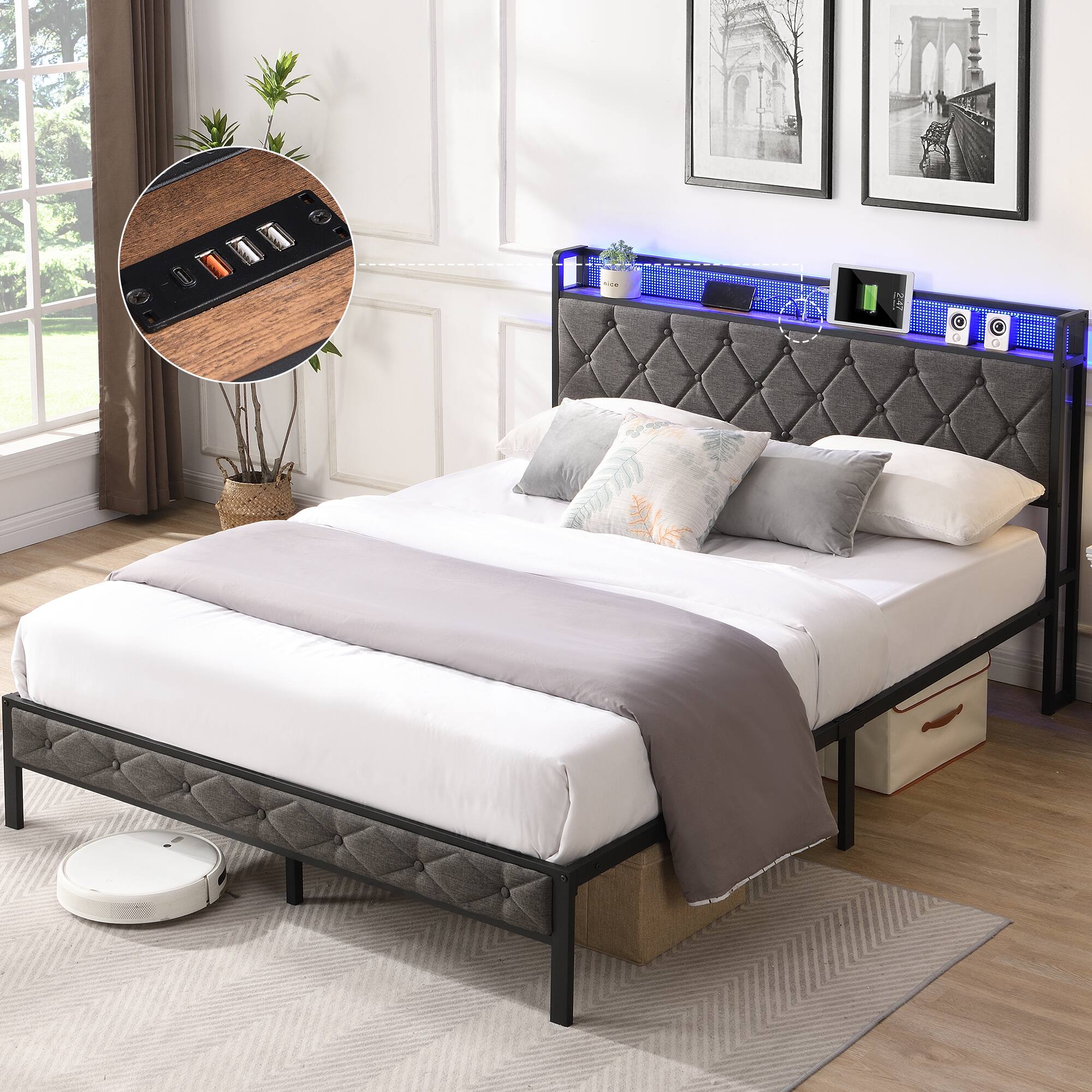 Angle. LUCKY ONE - Full Size Upholstered Bed Frame with Storage Headboard,Charging Station and LED Lights - Gray.