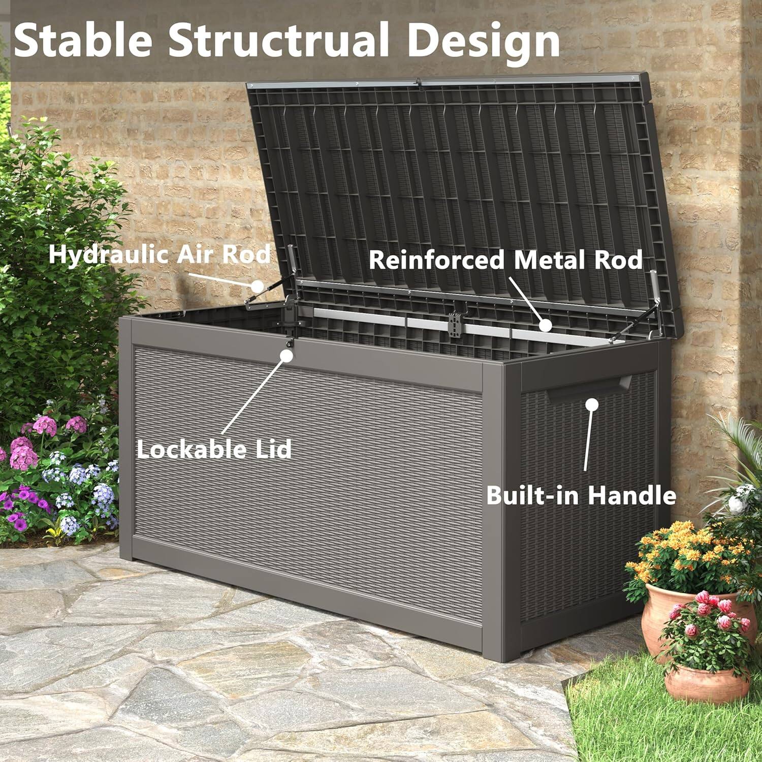 Stable Structural Design  
Hydraulic Air Rod  
Reinforced Metal Rod  
Lockable Lid  
Built-in Handle