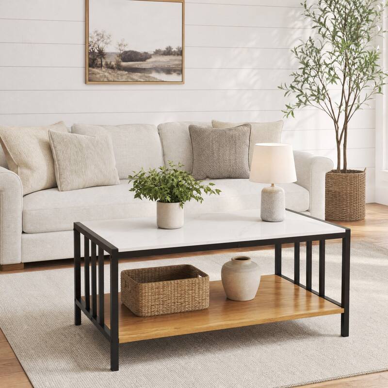 Front. WELLFOR - 33.5" Modern Coffee Table with Sintered Stone Tabletop,2 Tier Rectangle Center Table Cocktail Tea Table for Living Room - White.