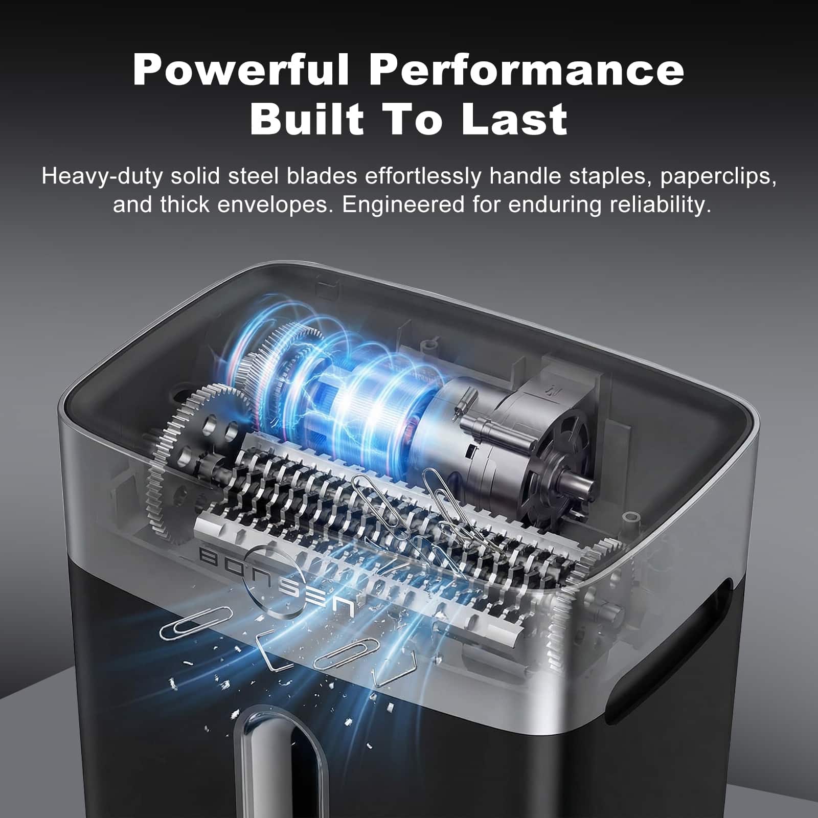 Powerful Performance Built To Last
Heavy-duty solid steel blades effortlessly handle staples, paperclips, and thick envelopes. Engineered for enduring reliability.