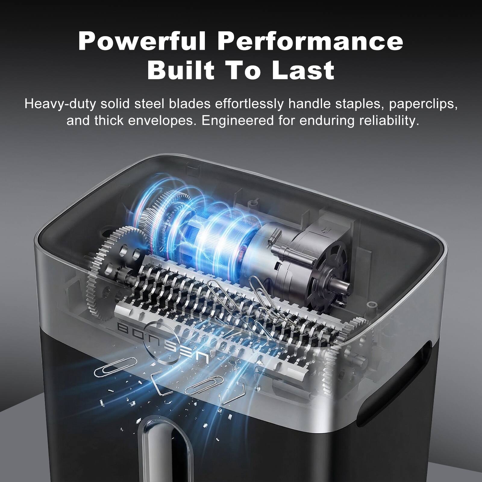 Powerful Performance Built To Last

Heavy-duty solid steel blades effortlessly handle staples, paperclips, and thick envelopes. Engineered for enduring reliability.