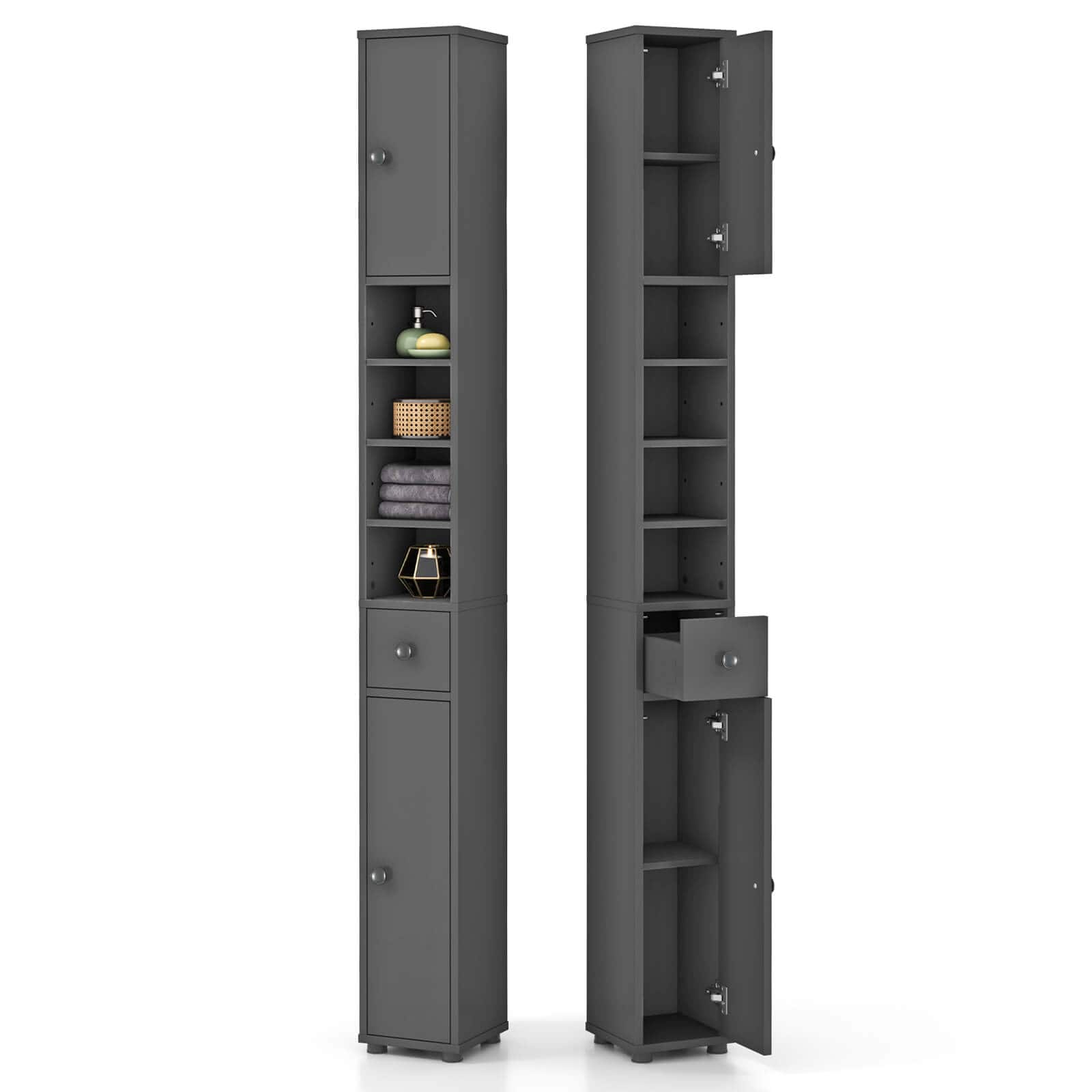Costway - 71" Slim Bathroom Storage Cabinet with 2 Doors 5 Adjustable Shelves 1 Drawer - Gray