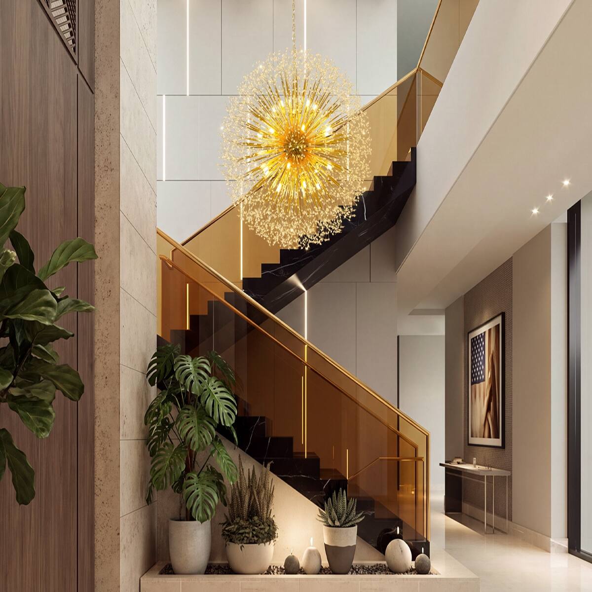 Alt View 4. Loheer - Loheer Extra Large Gold Crystal Chandelier, Modern Dandelion Firework Sputnik Light for High Ceilings.