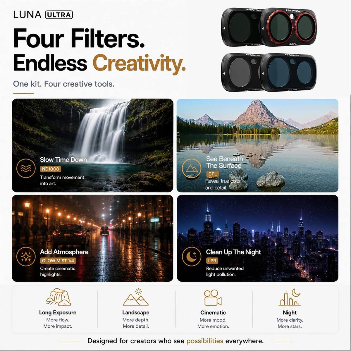 LUNA ULTRA

Four Filters. Endless Creativity. One kit. Four creative tools.

- Slow Time Down
  ND1000
  Transform movement into art.

- See Beneath The Surface
  CPL
  Reveal true color and detail.

- Add Atmosphere
  GLOW MIST 1/4
  Create cinematic highlights.

- Clean Up The Night
  LPR
  Reduce unwanted light pollution.

Long Exposure
More flow. More impact.

Landscape
More depth. More detail.

Cinematic
More mood. More emotion.

Night
More clarity. More stars.

Designed for creators who see possibilities everywhere.