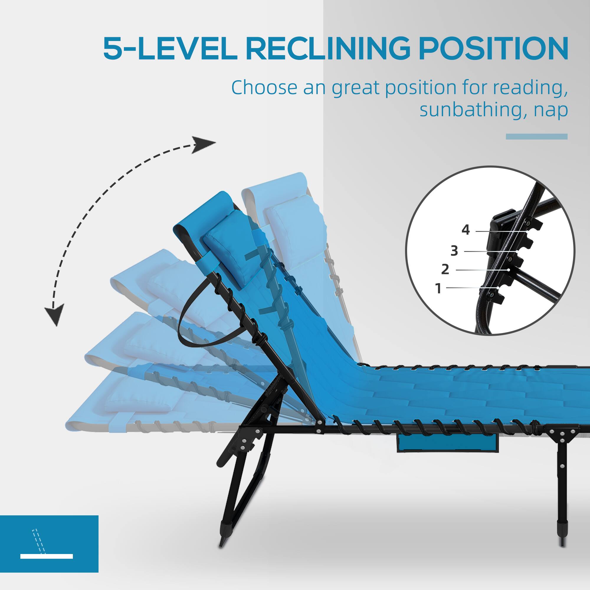 5-LEVEL RECLINING POSITION
Choose an great position for reading, sunbathing, nap
4
3
2
1