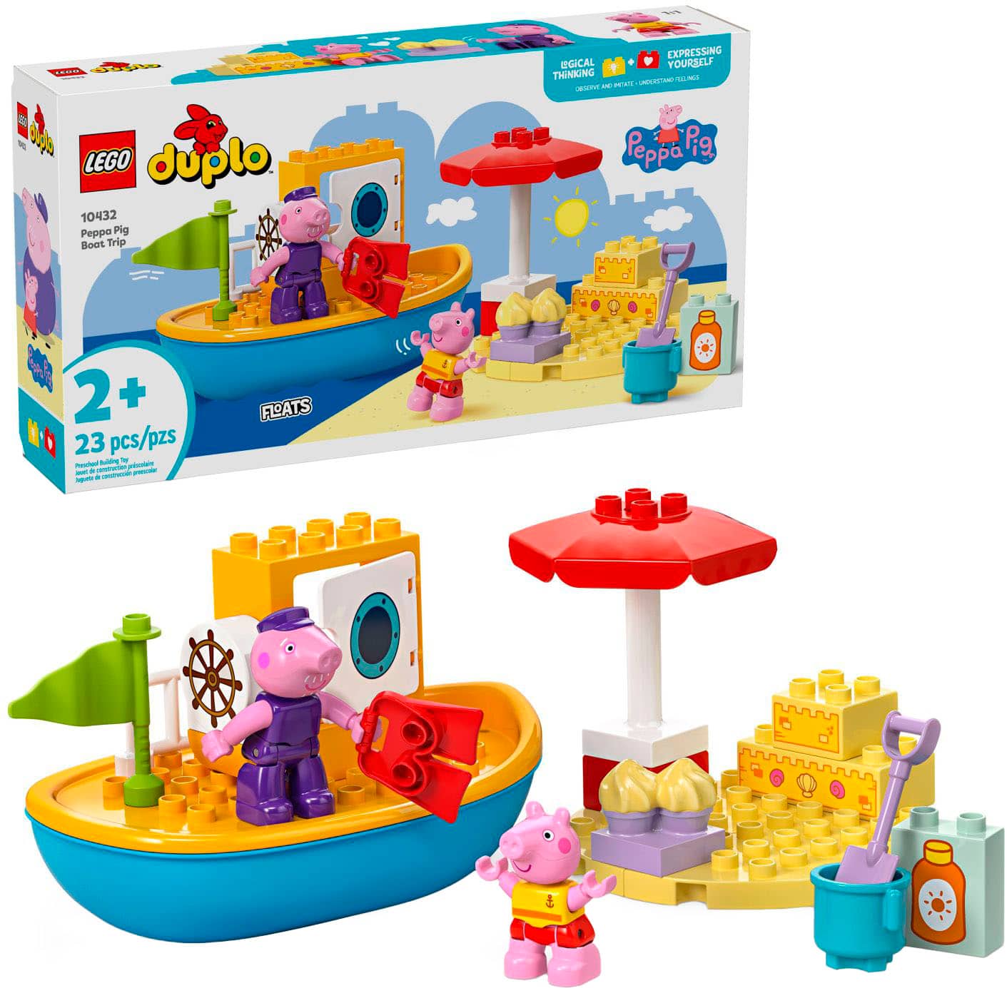 Expressing yourself with LEGO Duplo 10432 Peppa Pig Boat Trip. This set includes 23 pieces and features Peppa Pig and her friends on a boat.