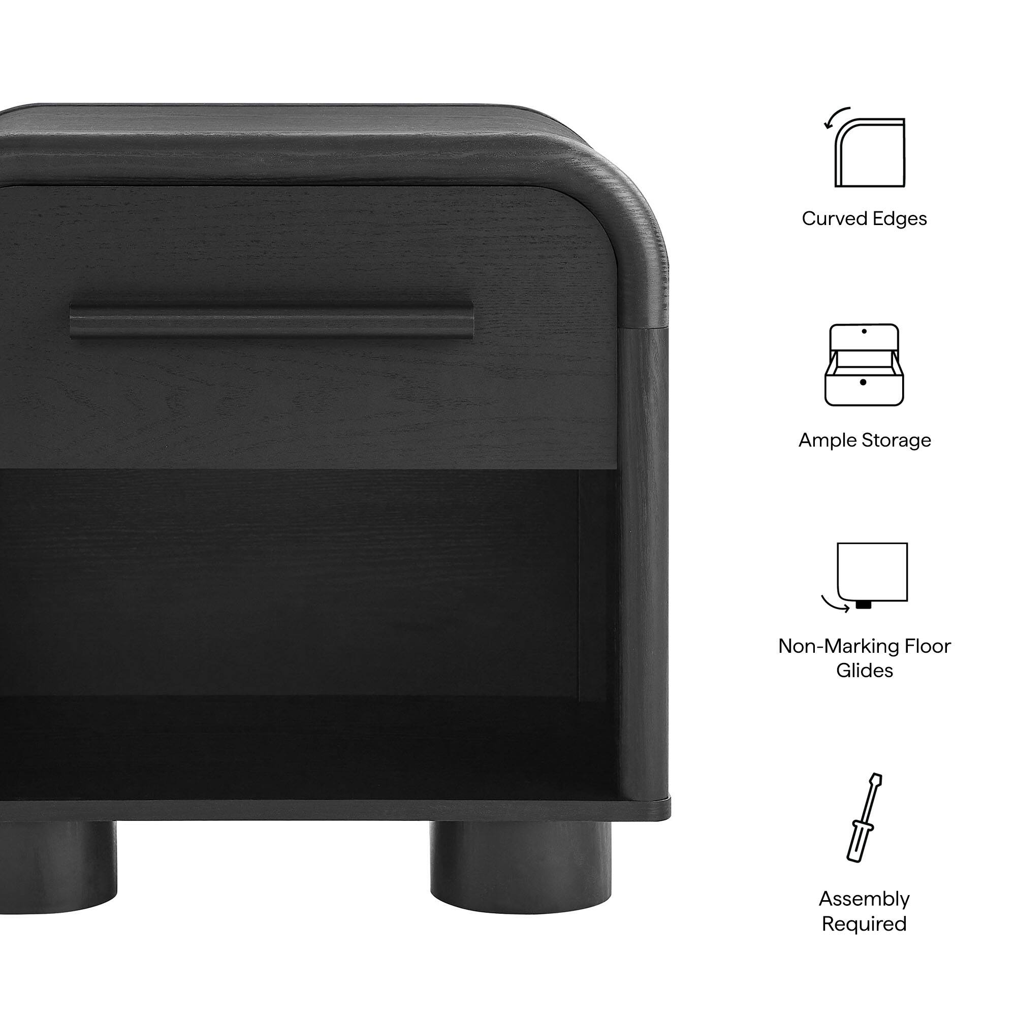 Curved Edges  
Ample Storage  
Non-Marking Floor Glides  
Assembly Required