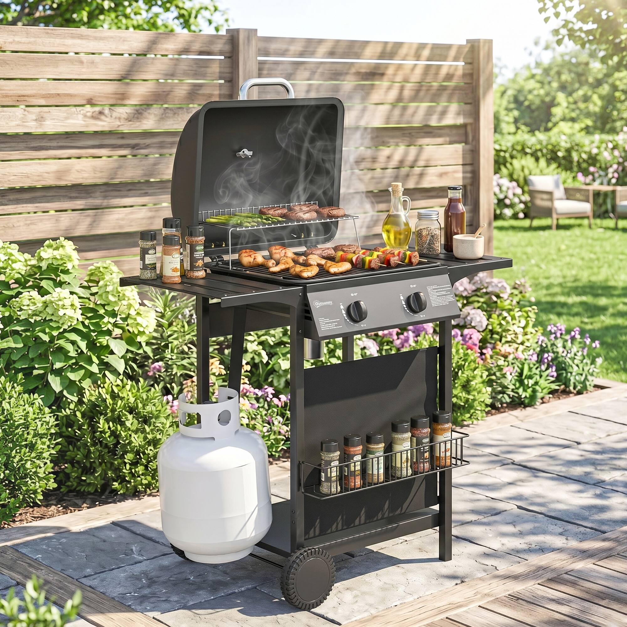 Alt View 8. Outsunny - Burner Propane Gas Grill, 18000 BTU BBQ Grill with Wheels, Warming Rack, Shelf, Thermometer - Black.