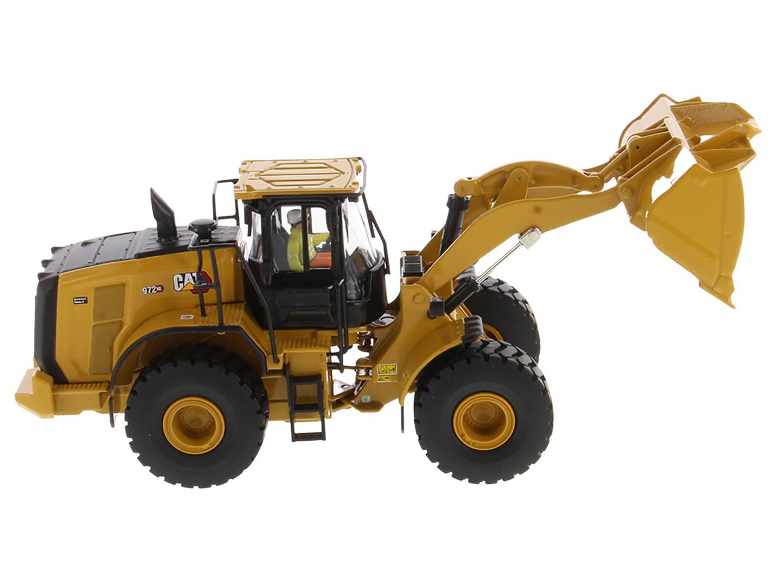 Angle. Diecast Masters - CAT Caterpillar 972 XE Wheel Loader Yellow with Operator "High Line Series" 1/50 Diecast Model by Diecast Masters - Yellow .