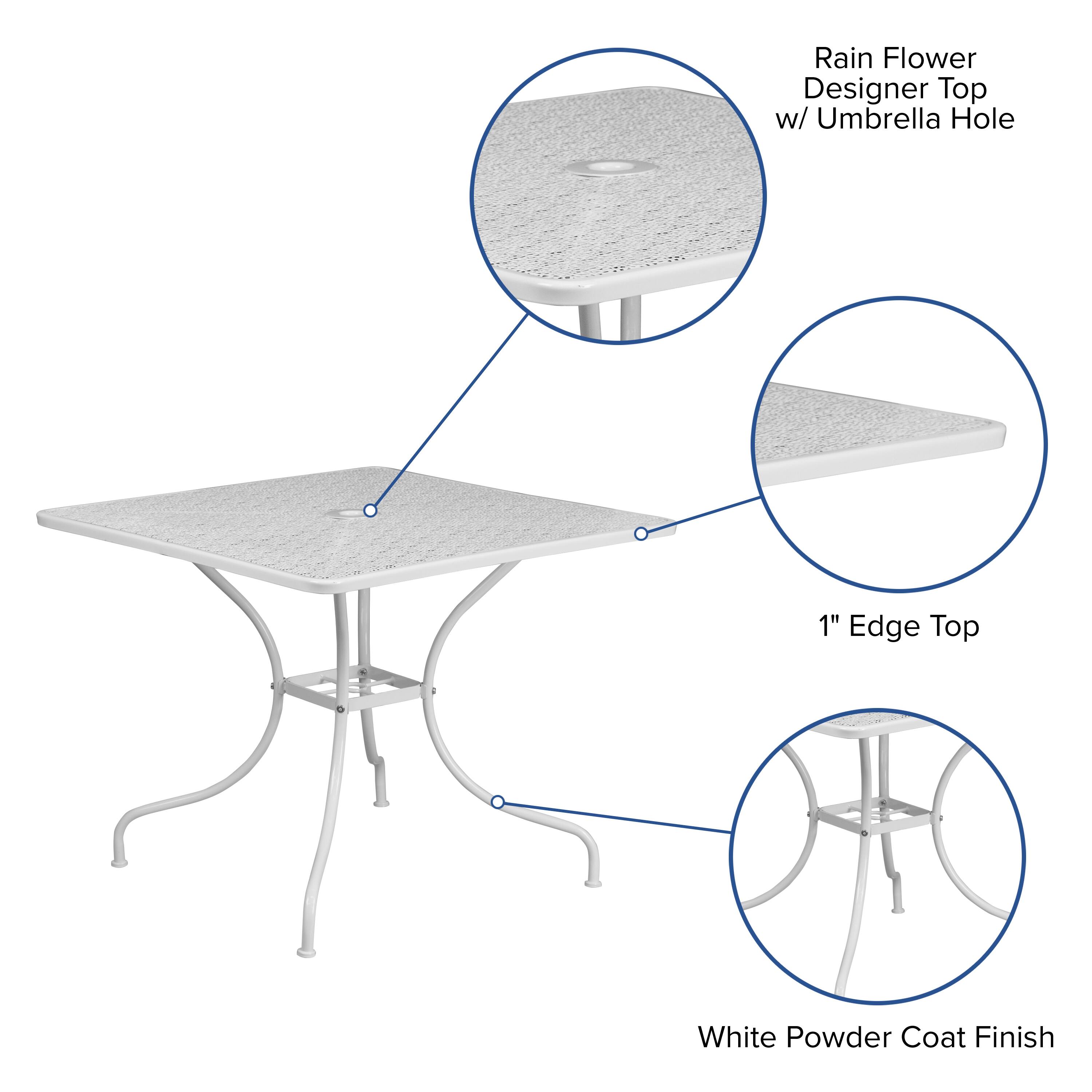 Rain Flower Designer Top w/ Umbrella Hole  
1" Edge Top  
White Powder Coat Finish