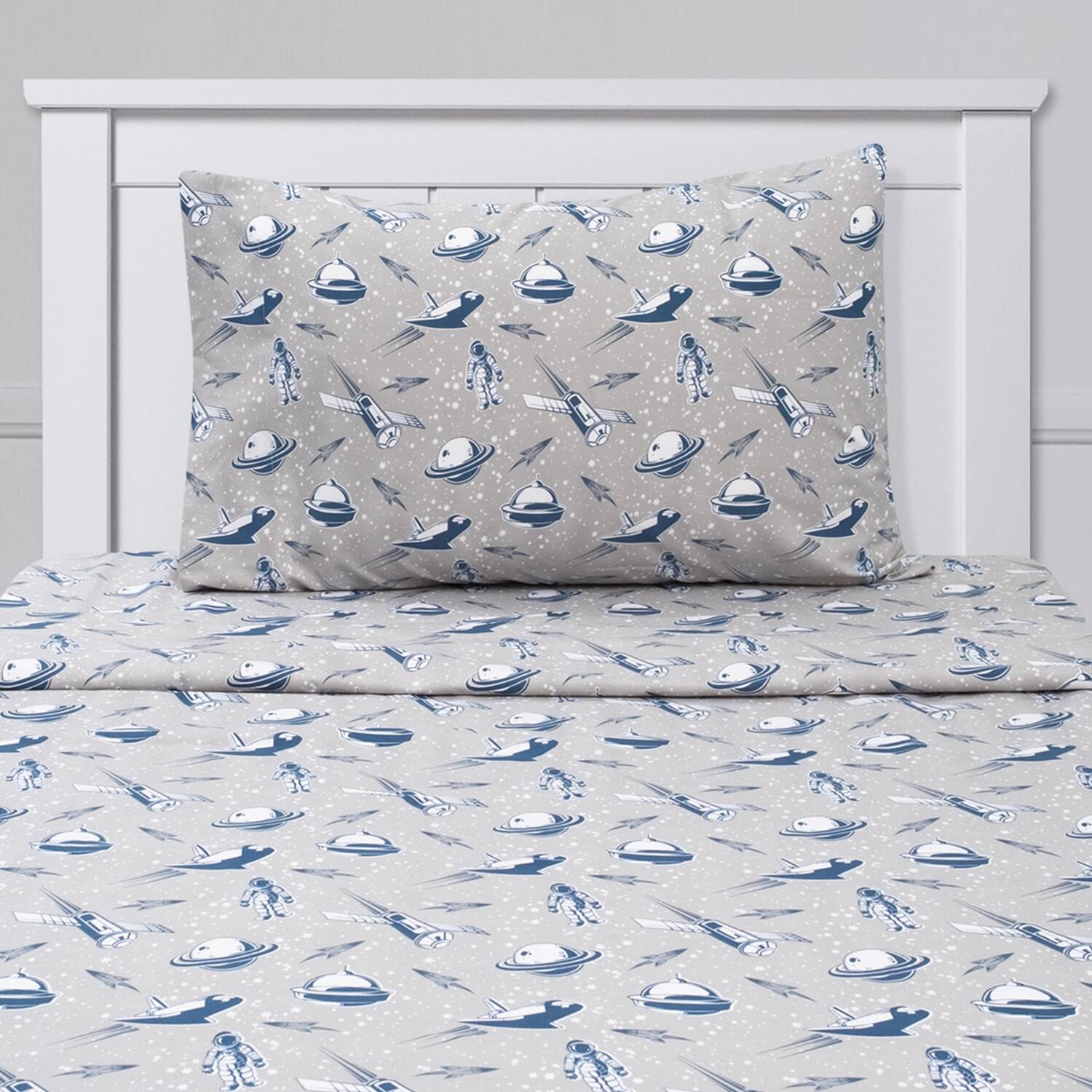 Angle. Sweet Home Collection - Kids' Printed Classic & Bright Ultra Soft Microfiber Sheet Sets - Twin XL - Spaceships.