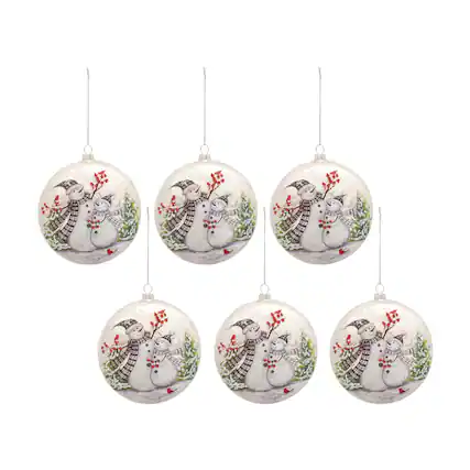 Front. BreeBe - Whimsical Snowman Disc Ornament with Snowy Cardinal Scene (Set of 6) - White, Green.