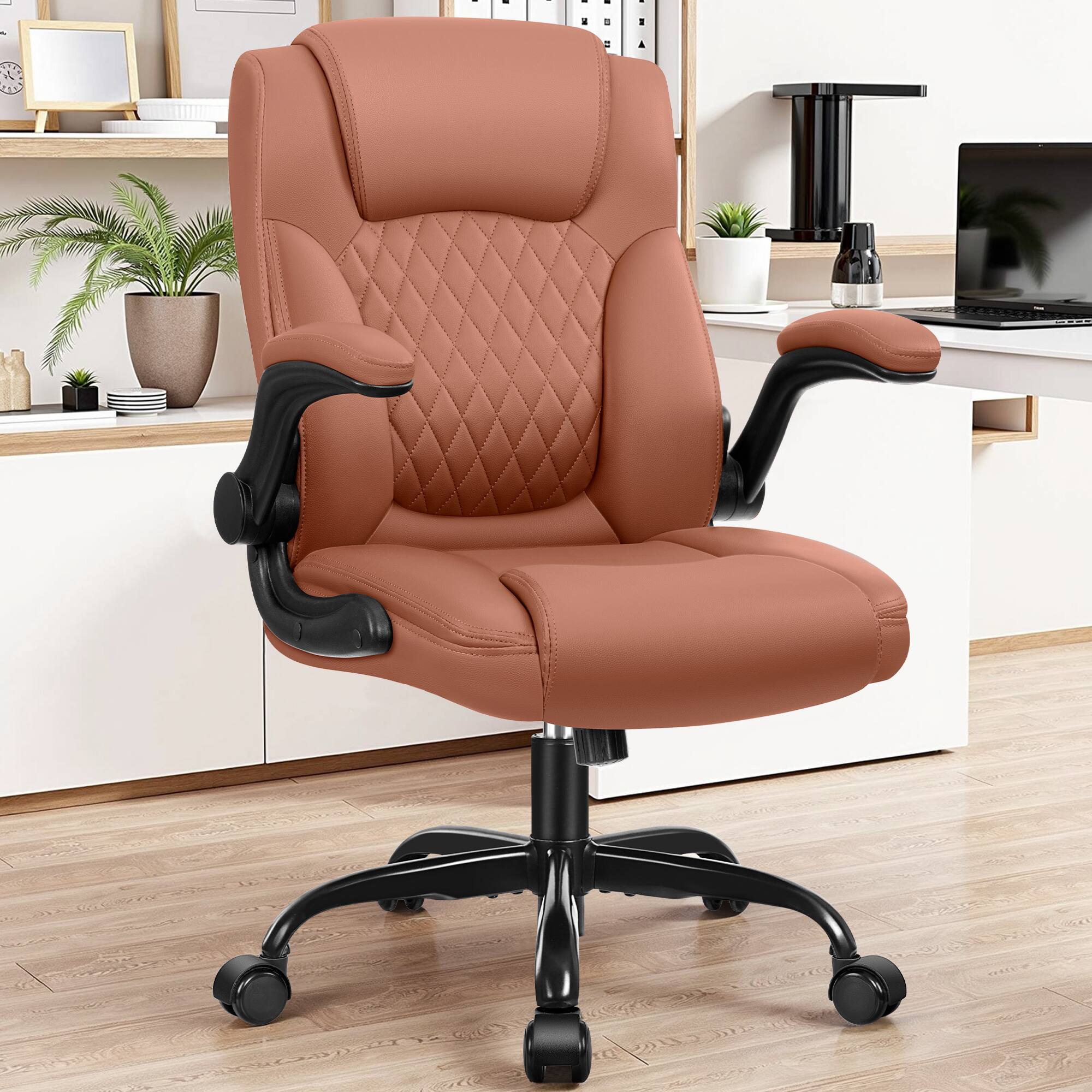 Front. KERDOM - Small Ergonomic Office Chair, PU Leather Computer Desk Chair w Lumbar Support, 360° Swivel & Adjustable Armrests - Brown.