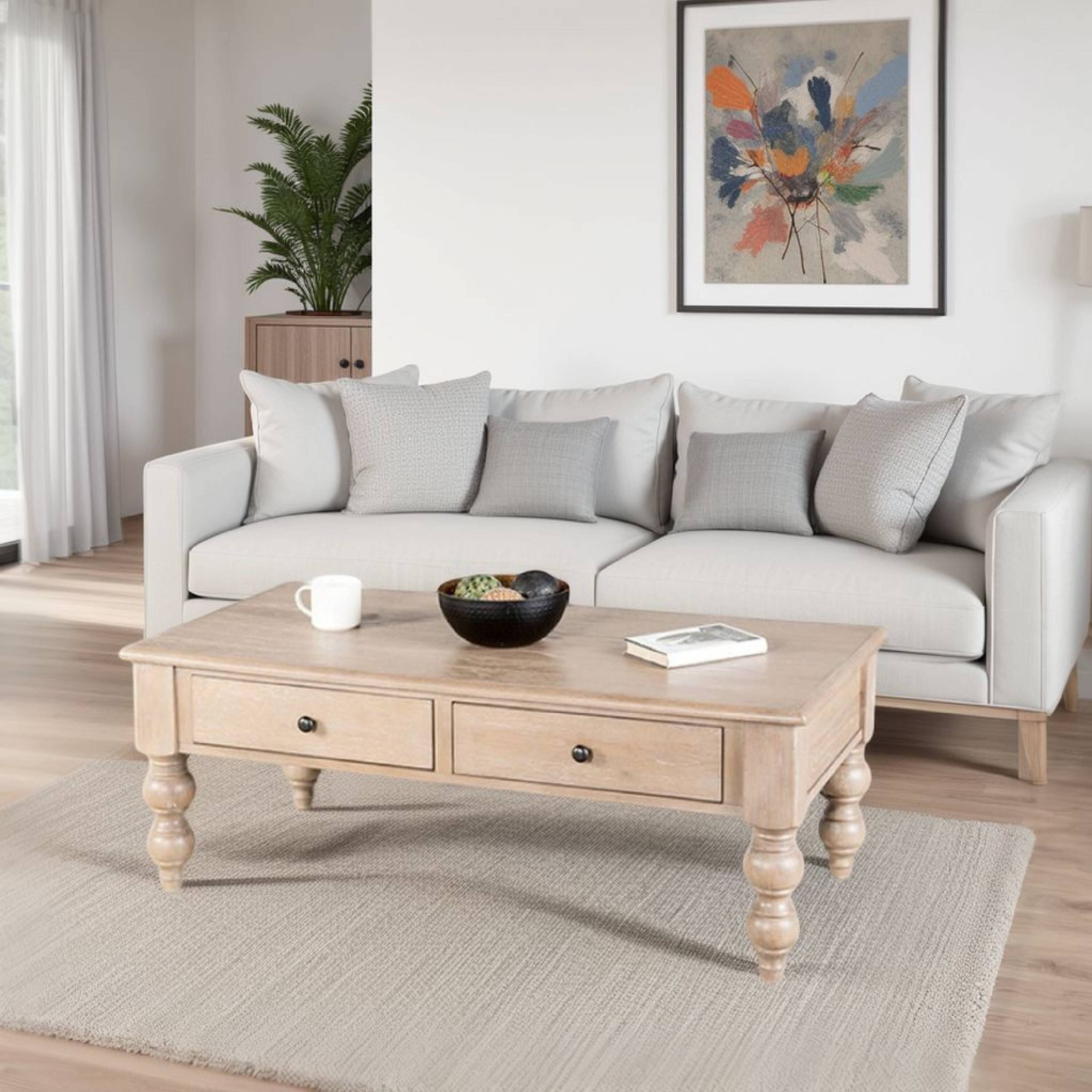 Alt View 5. Manhattan Lane - Cherie Coffee Table, 2 Drawers, Light White Washed Wood, 52 Inch - White Wash Brown, Black.