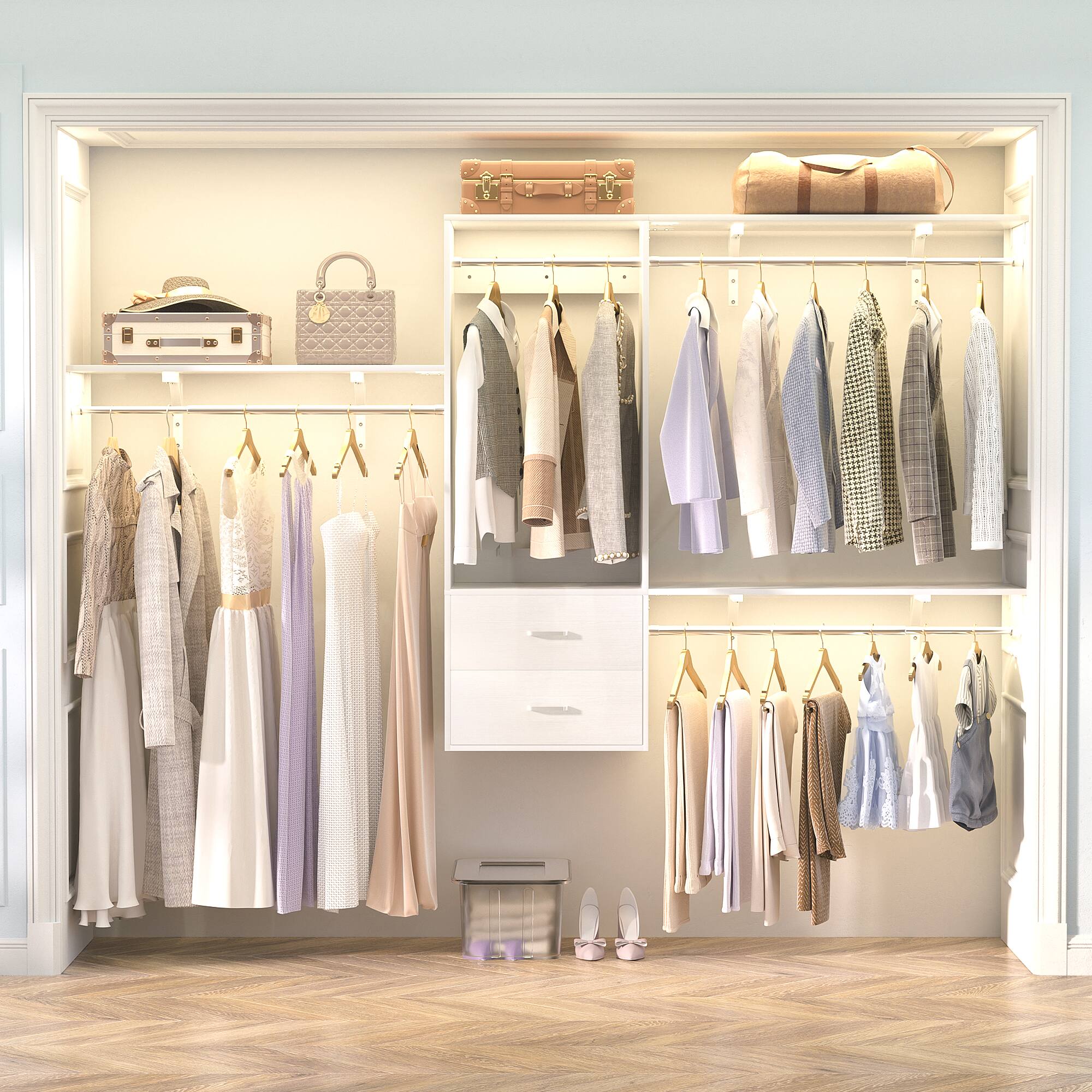 Front. Aheaplus - 20'' - 96'' Wall Mounted Closet Organizer System with 3 Shelf Towers, 3 Hanging Rods and 2 Drawers - White.