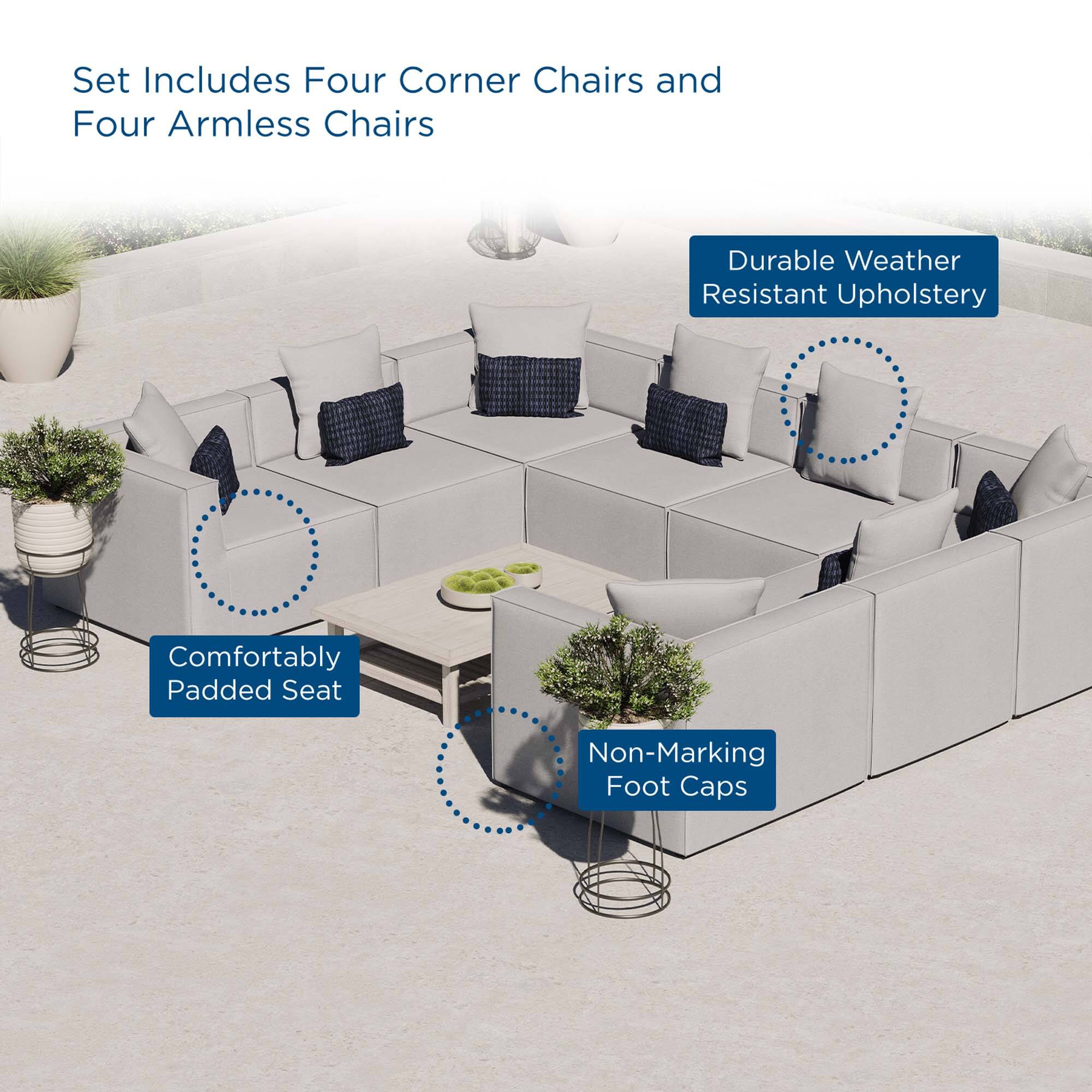 Set Includes Four Corner Chairs and Four Armless Chairs  
Durable Weather Resistant Upholstery  
Comfortably Padded Seat  
Non-Marking Foot Caps