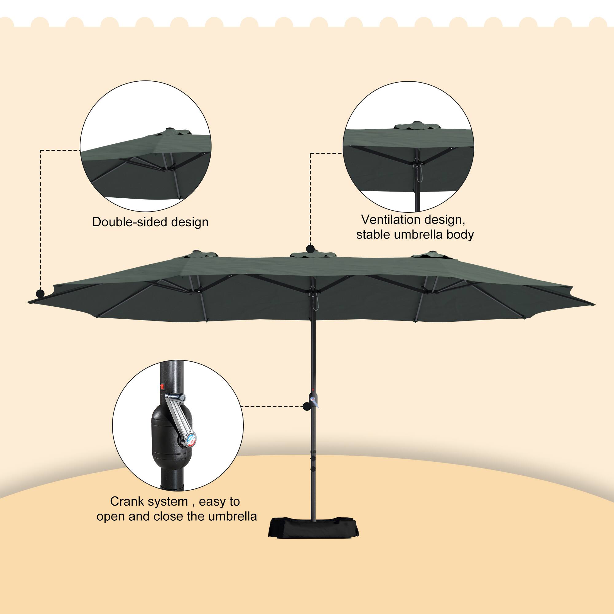 Double-sided design  
Ventilation design, stable umbrella body  
Crank system - easy to open and close the umbrella