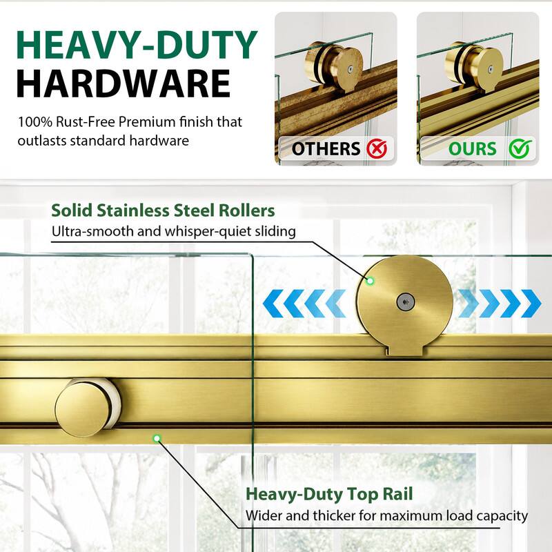 HEAVY-DUTY HARDWARE  
100% Rust-Free Premium finish that outlasts standard hardware  
OTHERS X OURS  
Solid Stainless Steel Rollers Ultra-smooth and whisper-quiet sliding  
Heavy-Duty Top Rail Wider and thicker for maximum load capacity