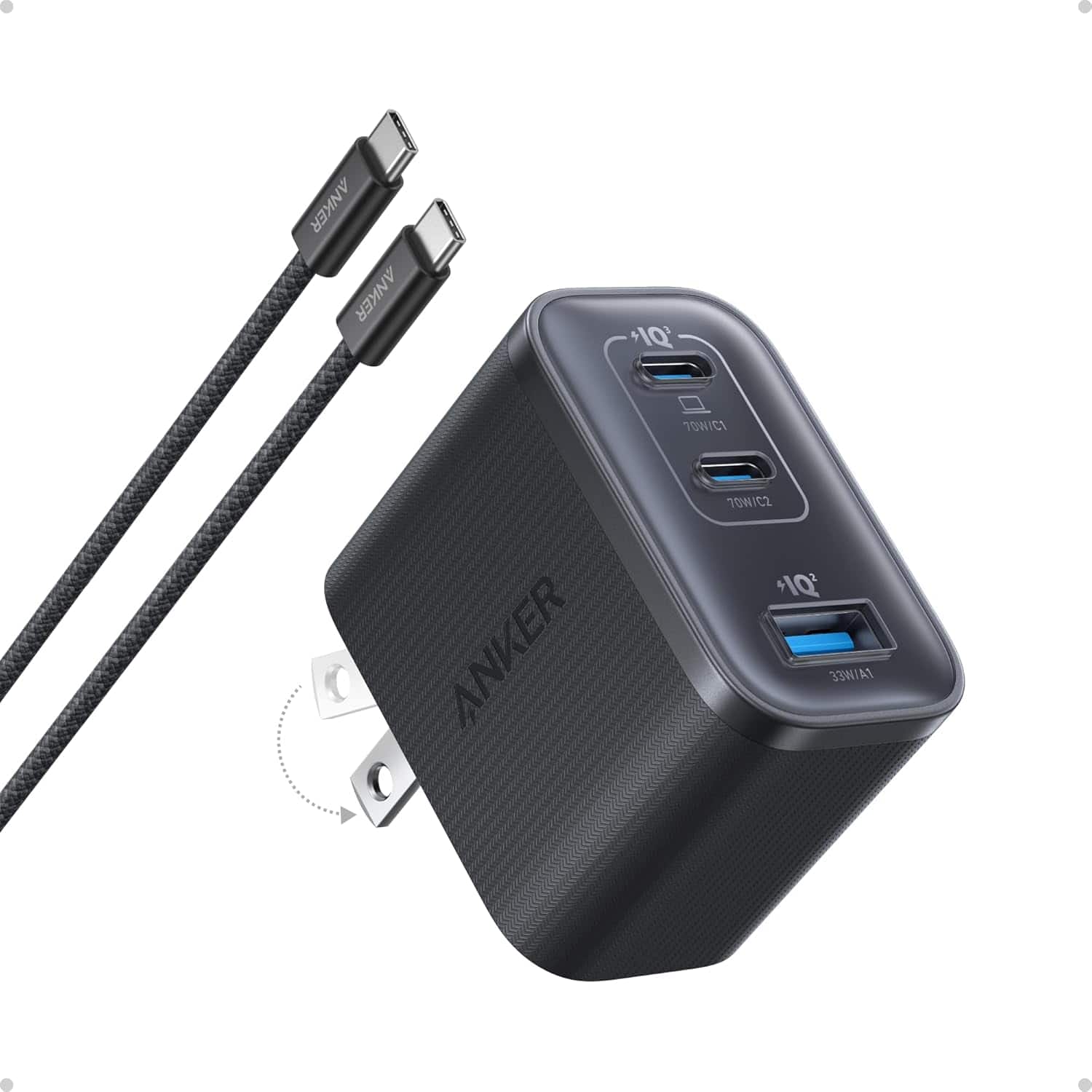 Anker - Nano Charger, Ultra-Fast 70W Output 3-Port USB C Charger Block - Black