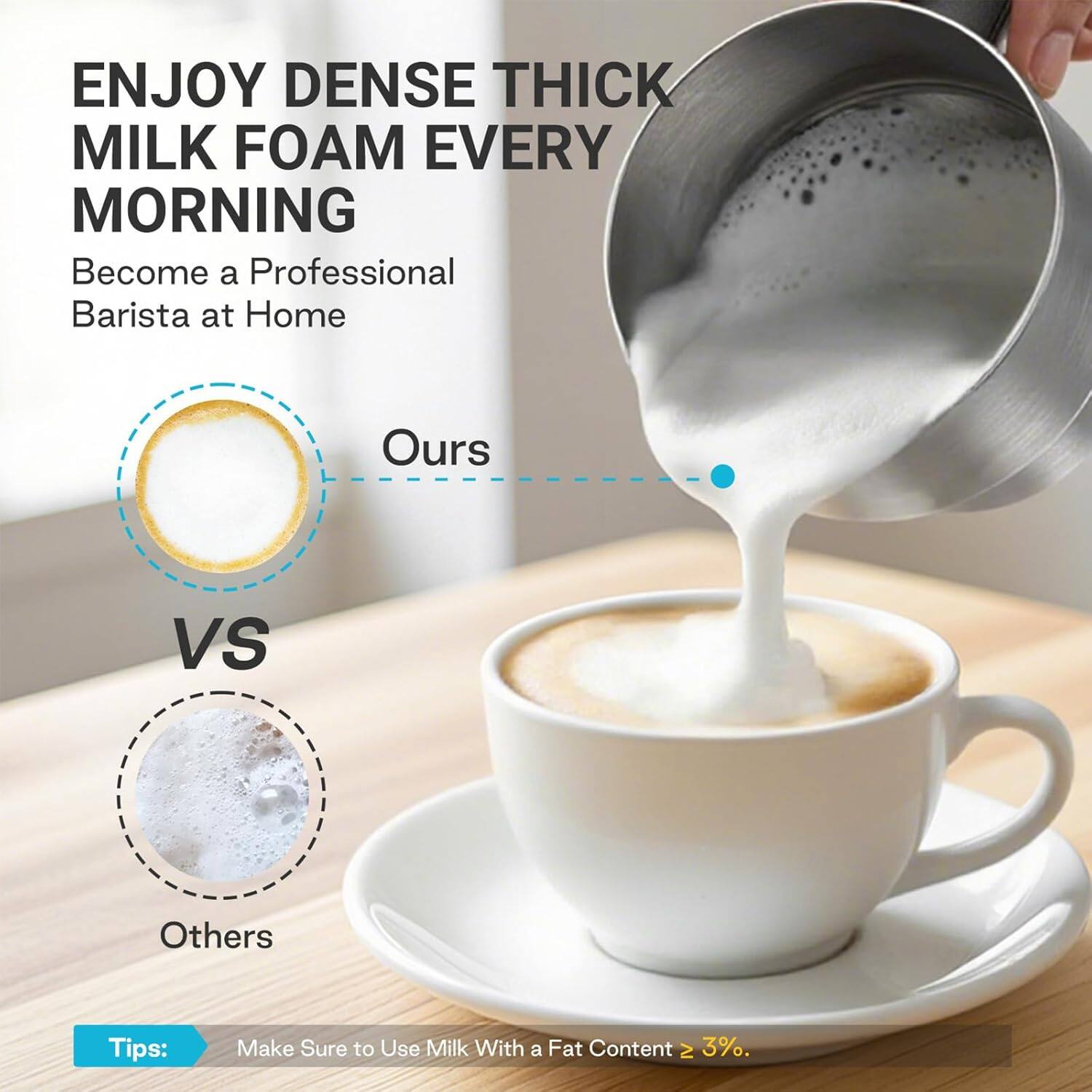 ENJOY DENSE THICK MILK FOAM EVERY MORNING

Become a Professional Barista at Home

Ours VS Others

Tips: Make Sure to Use Milk With a Fat Content ≥ 3%.