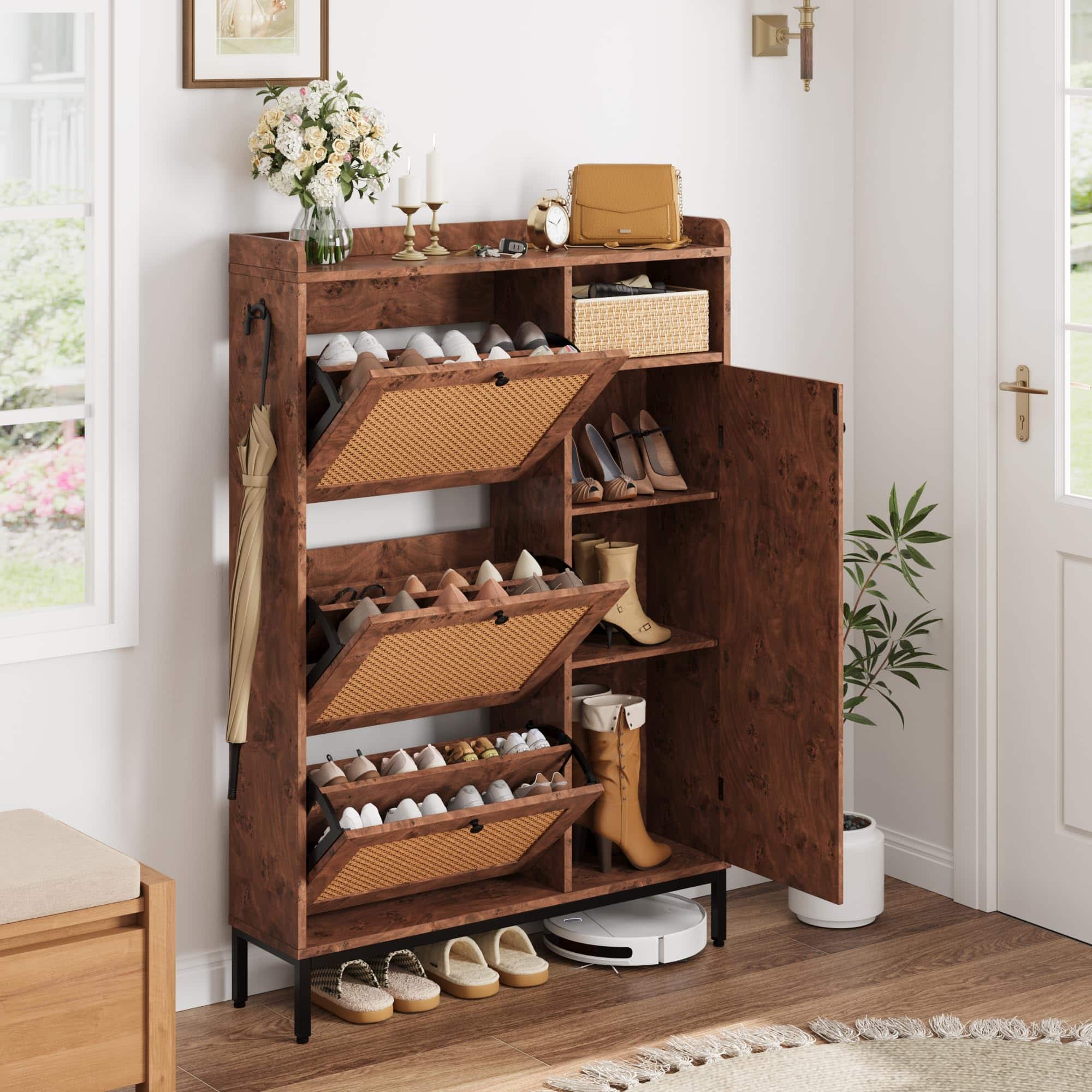 Babevy - Rattan Shoe Cabinet with 3 Flip Drawers & Adjustable Shelves, Large 4-Tier Shoe Storage Organizer for Entryway - Tree Pomegranate