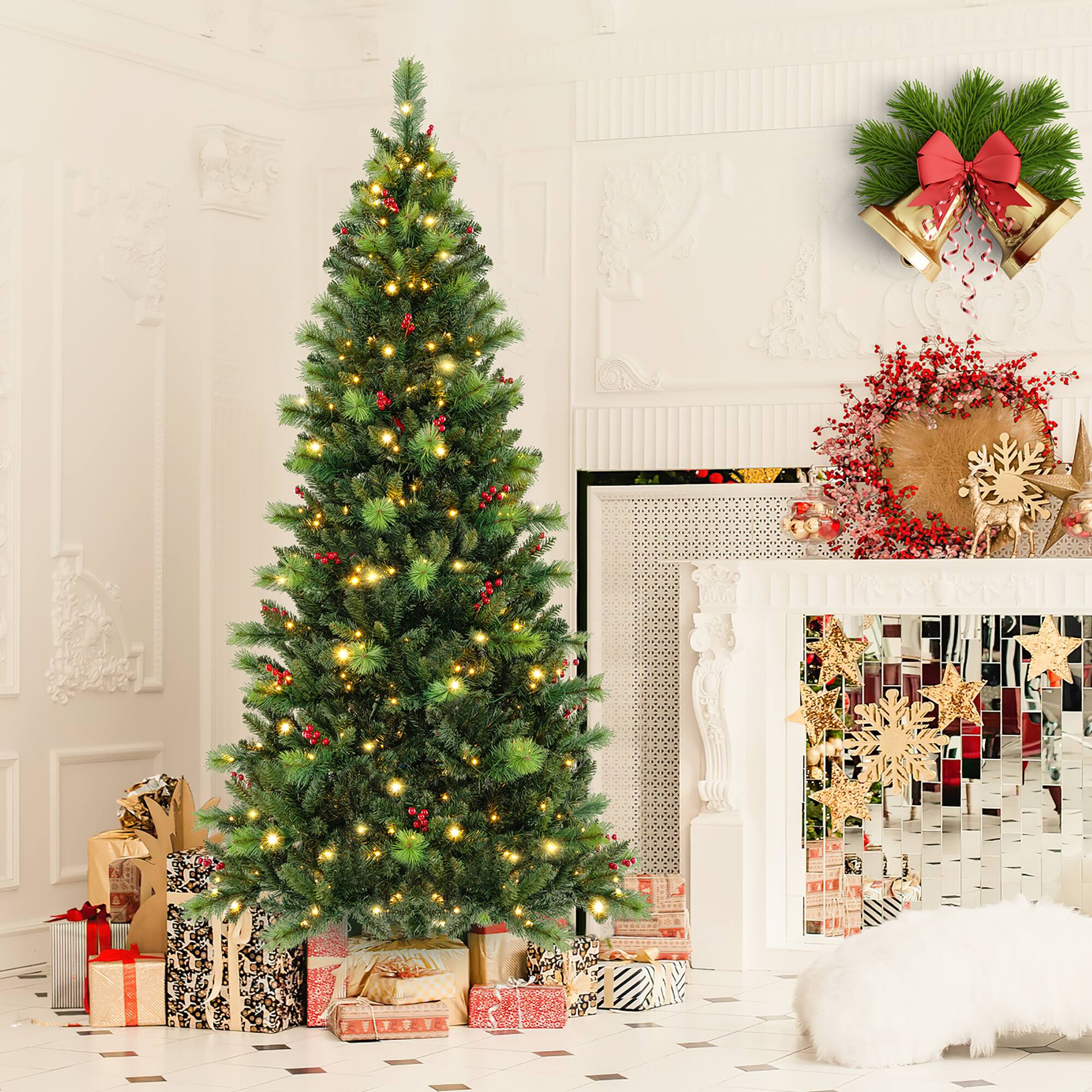 Front. Gymax - Gymax 7 FT Pre-Lit Artificial Christmas Tree w/ 974 Branch Tips & 400 Multi-Color & Warm-White LED Lights - Green.