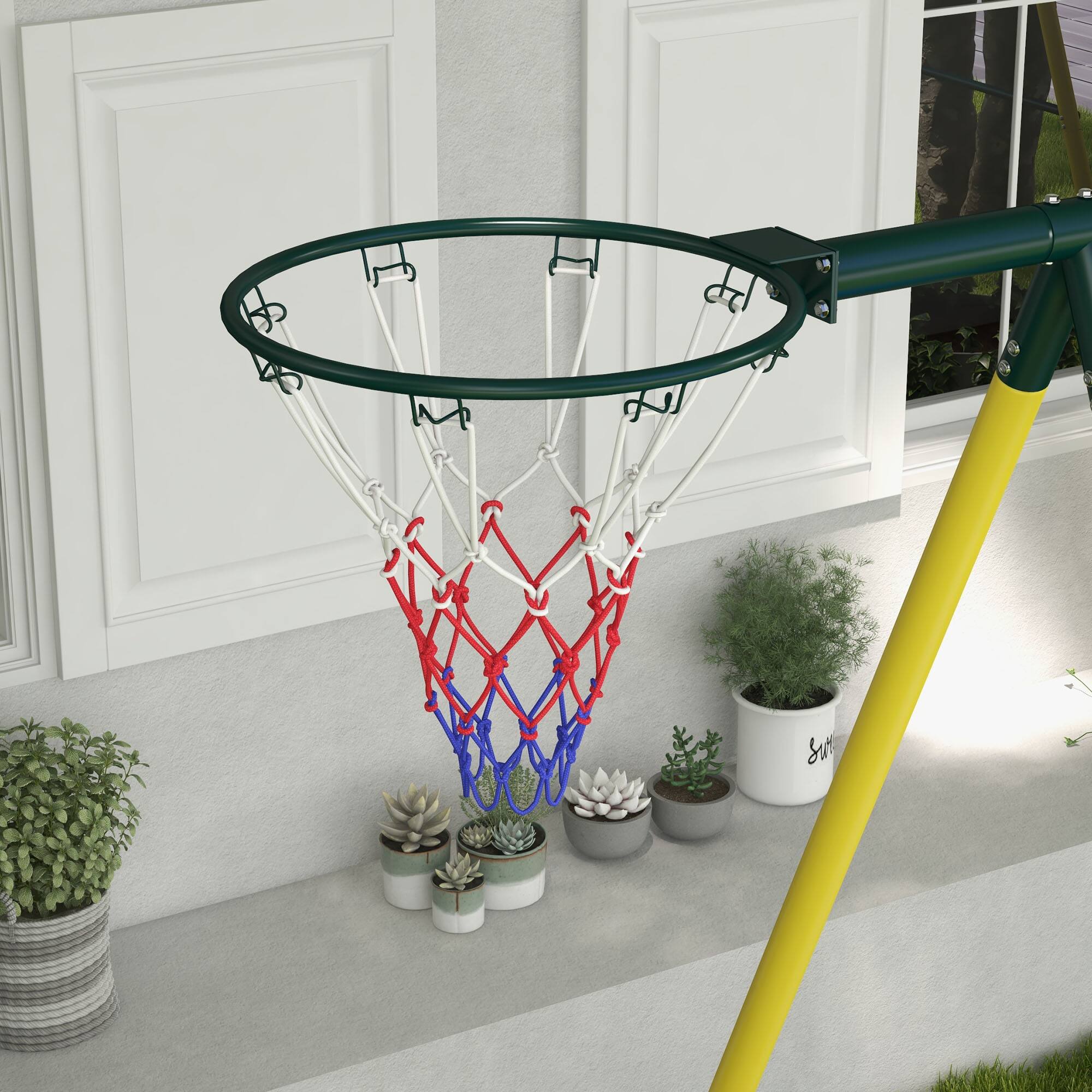 Alt View 5. Outsunny - 5 in 1 A-Frame Stand, Outdoor Playset, Saucer Swing, Slide, Swing Seats, Gym Rings, Basketball Hoop, Climbing Steps.