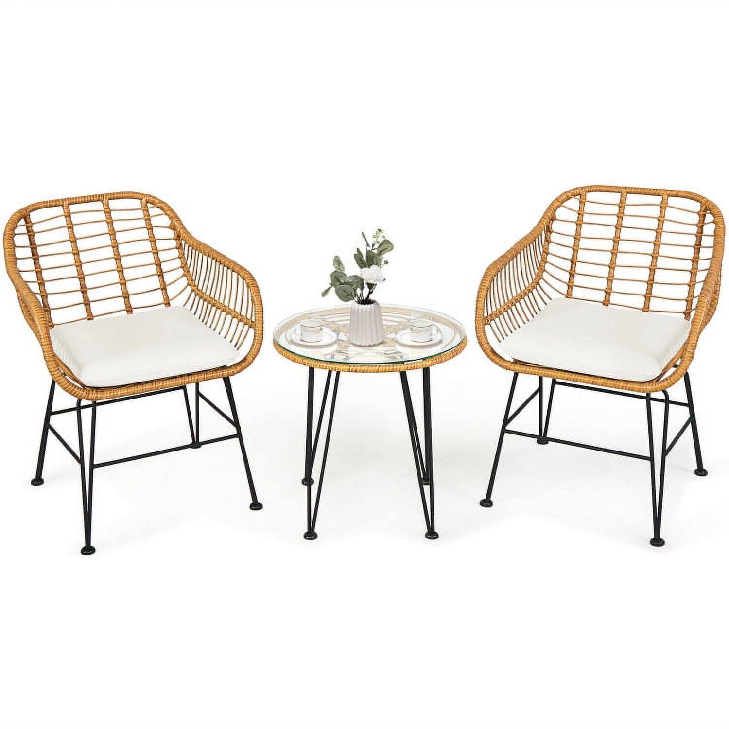 Alt View 1. Pefilos - 3 Pieces Rattan Furniture Set, Outdoor Backyard Patio Rattan Conversation Bistro Set with Cushioned Chair Table-White - White.