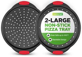 NutriChef - 2-Piece 13-Inch Nonstick Pizza Tray, Carbon Steel, Perforated Holes, Silicone Grip Handles (NCBPIZX2)
